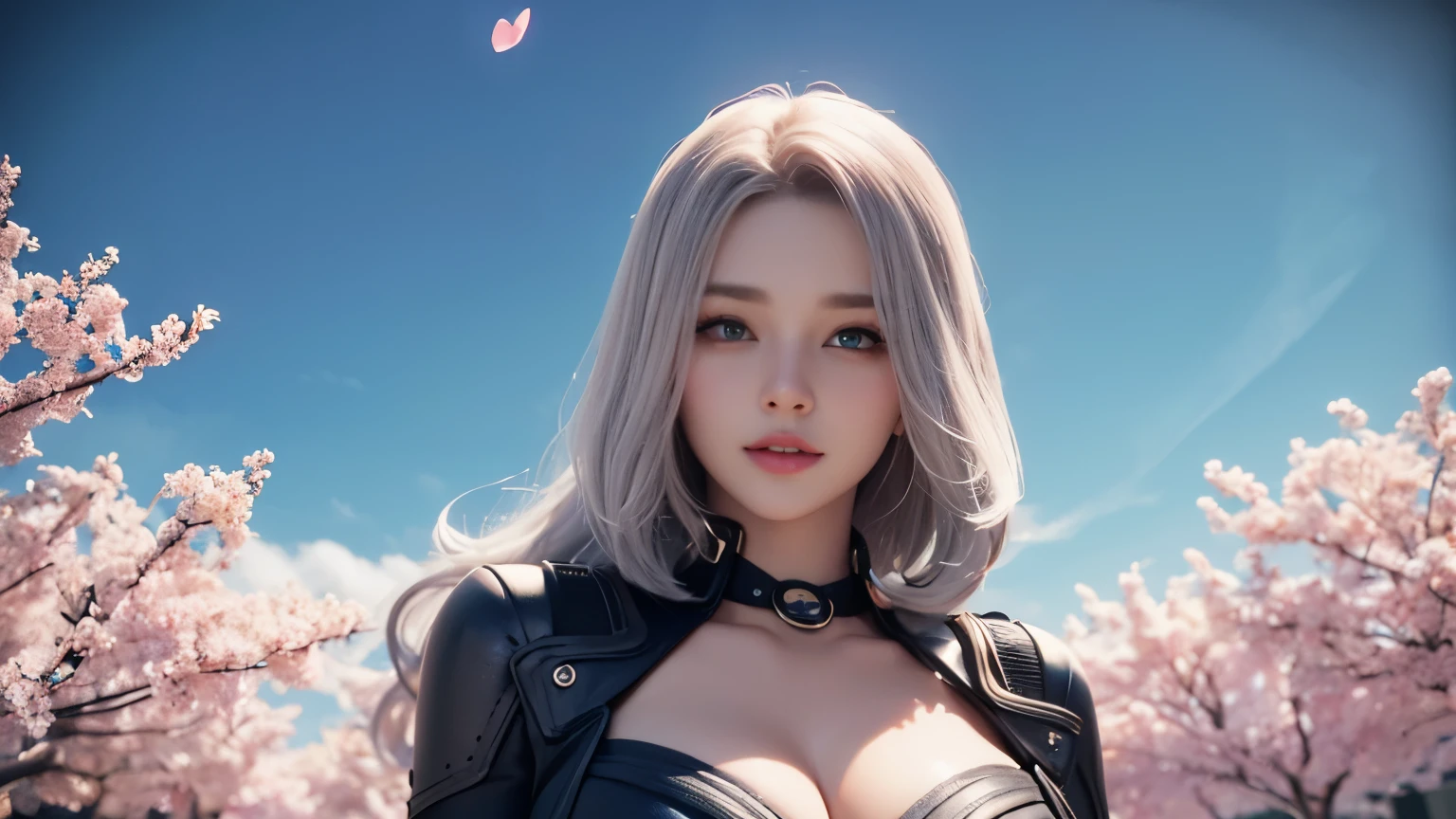 ((highest quality)), ((masterpiece)), (detailed: 1.4), 3D, beautiful cyberpunk female statue, HDR (high dynamic range), ray tracing, NVIDIA RTX, super resolution, unreal 5, Scattered beneath the surface, PBR texture, Post-processing, anisotropic filtering, Depth of the bounds written, maximum sharpness and sharpness, multilayer texture, Albedo and highlight mapping, surface coloring, Accurate simulation of material interactions, perfect proportions, octane rendering, two color light, Large Diameter, Low ISO, White balance, normal three point, 8K RAW, Beautiful and bright pupils, flowing robe, splendid pupils, delicate face and eyes, long eyelashes, blush, fluffy hair, pink lips, Pure, cute, sweet girl, cherry blossom petals fall, butterfly, casual wear, luxury、smile、cleavage