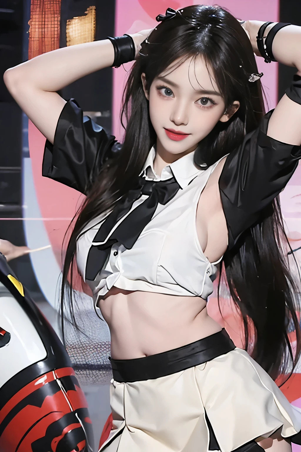 ((highest quality、8k、masterpiece:1.3))、sharp focus:1.2、(genuine、photogenuineistic:1.37)、(shining smile:1.2)、beautiful face woman、28 years old、pointed chest、long eyelashes、colored contact lenses、big breasts 、delicate、very fine eyes、highly detailed eyebrows、(sharp eyebrows)、(thin eyebrows).highly detailed face、(((beautiful thighs:1.3)))、((beautiful breasts:1.3)、(brunette tousled hair)、(28 years old女性:1.2)、 (very detailed), (bright colors), (Attractive texture), (modern aesthetics), (Artistic talent), (creative composition), (unique concept), (High quality illustrations), (professional artistry), (bold outline:1.2), (captivating gaze), (Contemporary style), (Eye-catching design), (whole body:1.3), school uniform,brother,mini skirt,(Absolute area:1.3),(idol stage:1.3),