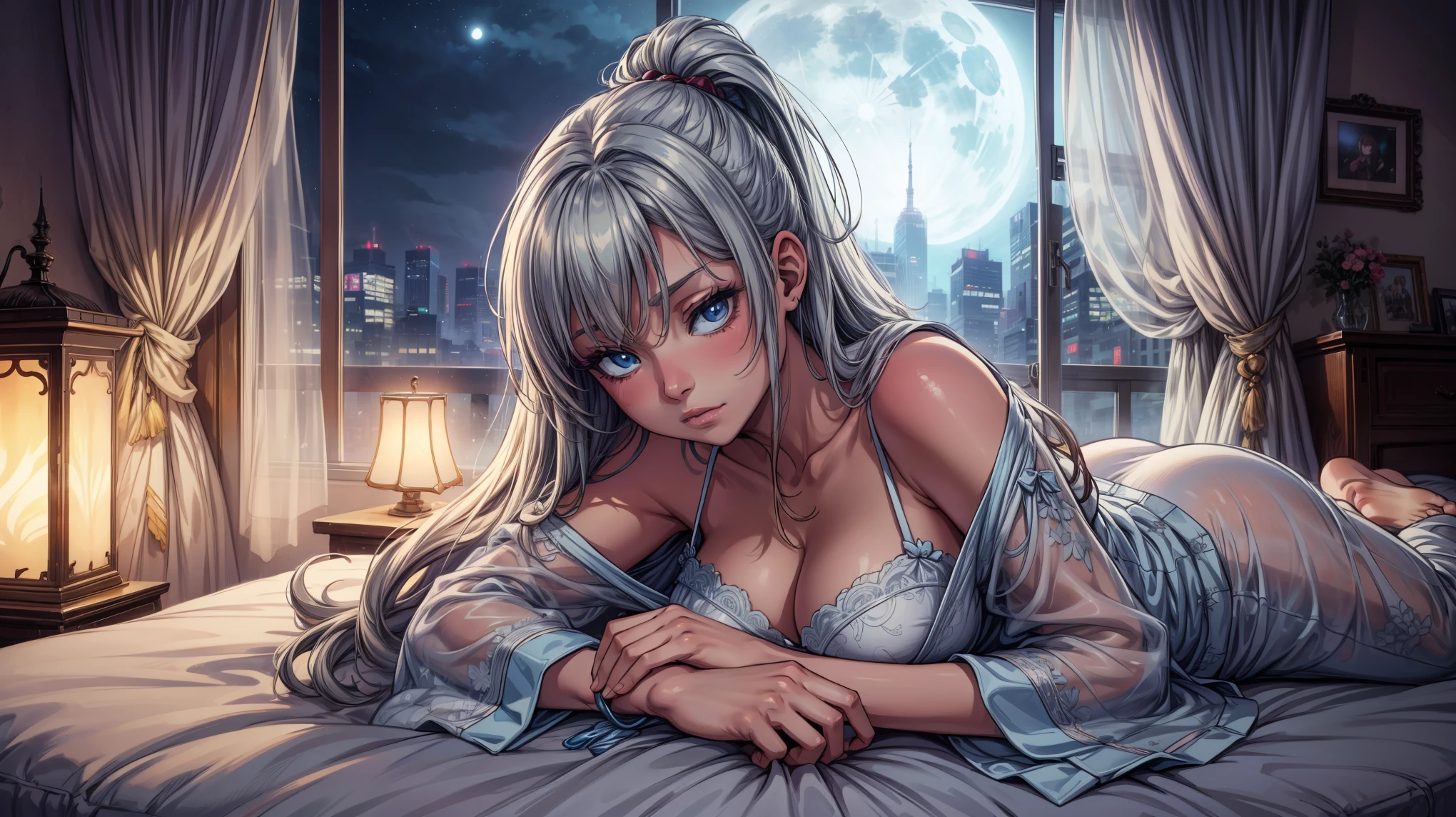 (best quality,highres,masterpiece:1.2),ultra-detailed,anime girl sleeping on a bed ass view,tokyo,soft lighting,vivid colors,anime style,cityscape,night scene,neon lights,imaginary bedroom,peaceful atmosphere,moonlight shining through the window,beautifully decorated room,lovely nightgown,dreamy expression,flowing hair.