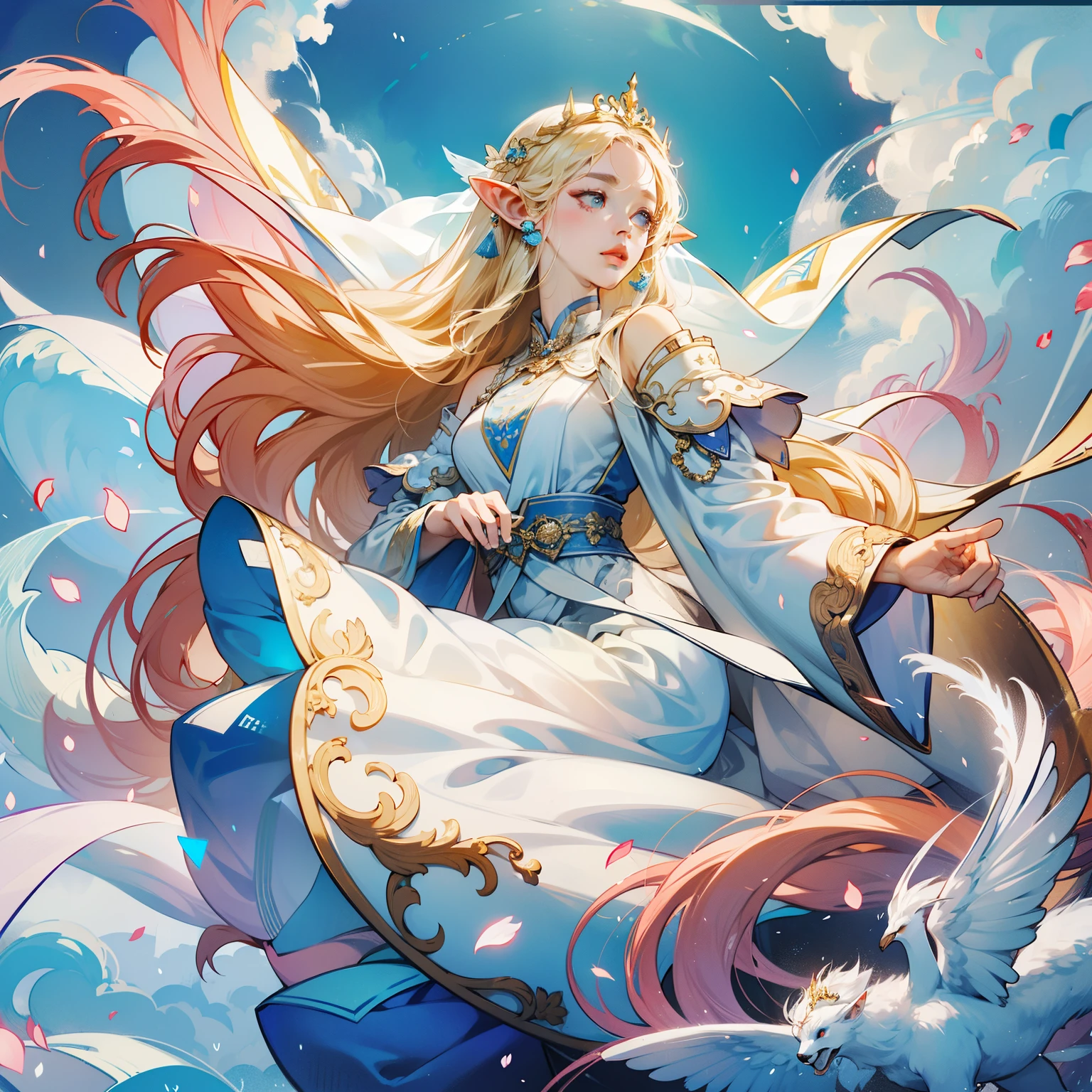 wearing white dress、Alafid woman wearing veil and white mask, ((beautiful fantasy queen)), White Hanfu, beautiful fantasy queen, White and gold priestess robe, Queen of the Sea Mu Yanling, ancient white clothes, Ethereal details, Beautiful and elegant elf queen, Intricate white and gold armor, Dreamy intricate long gown