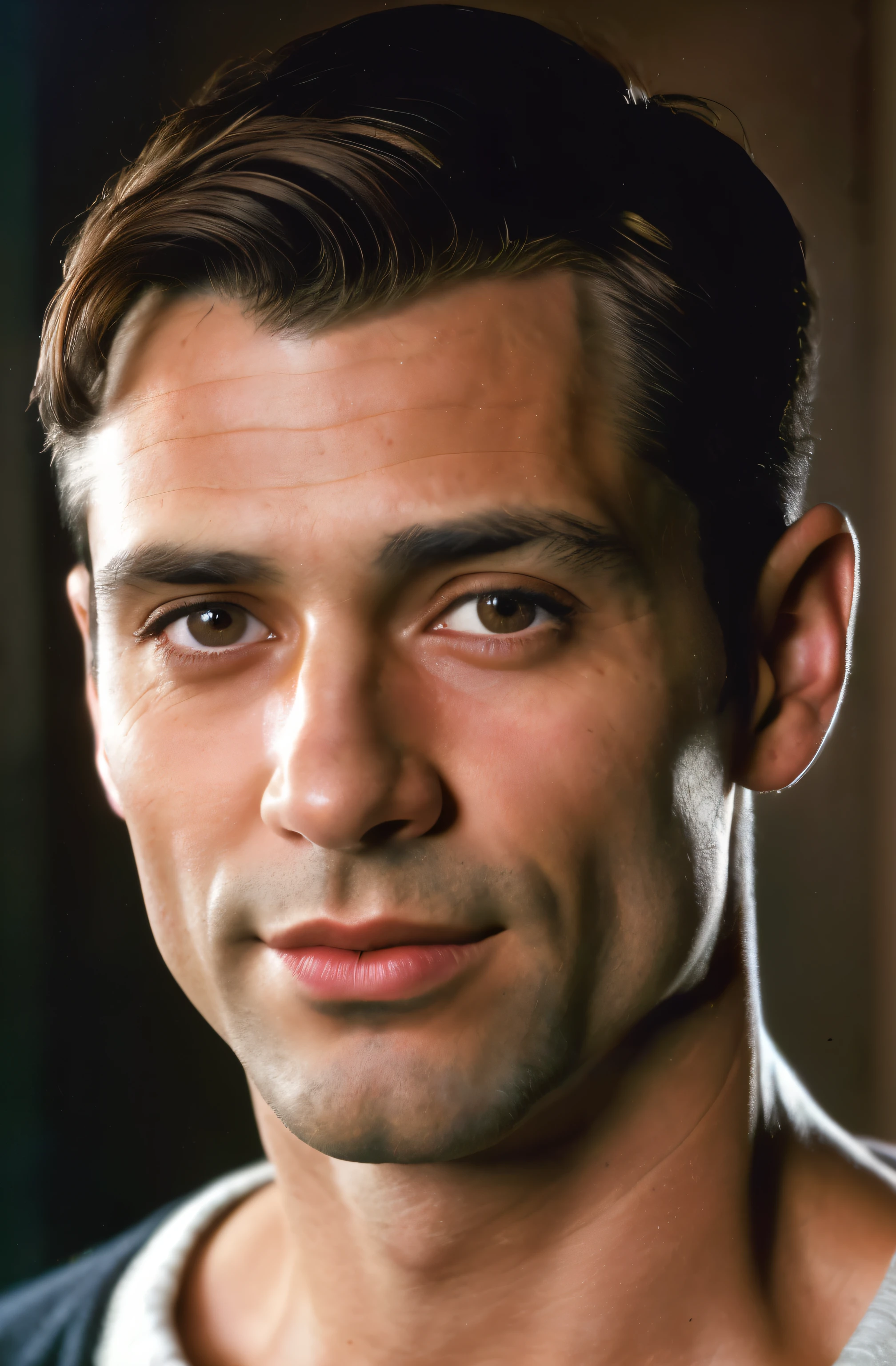 (de cerca, Editorial photograph of a man in his 40s from the 1940s.), (cara muy detallada:1.4) (sonrisa:0.7), Alto y en forma, (40 years old :1.2), (afeitado:1.2), (very short curly brown hair:1.5), ((pelo muy corto:1.3)) (fondo dentro oscuro, malhumorado, estudio privado:1.3) tirar, por lee jeffries, nikon d850, film stock photography ,4 codas portra 400 ,F1 camera.6 lentes ,Colores ricos ,hyper realistic ,textura realista, dramatic lighting , cinestill 800,