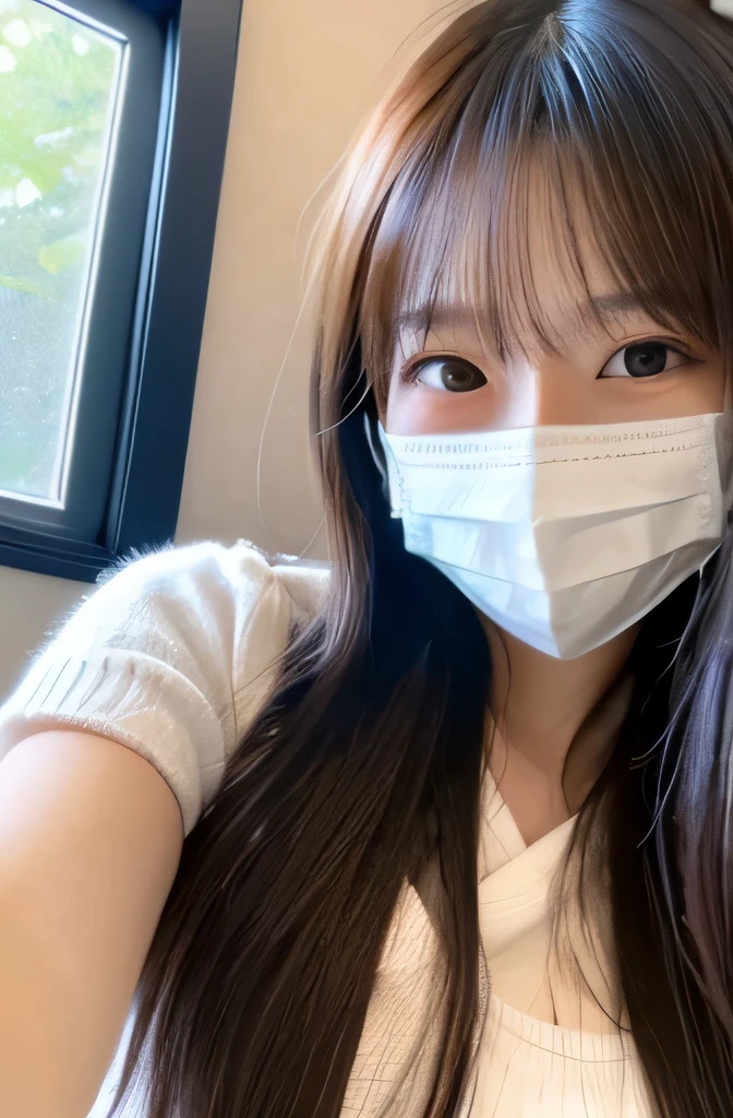 (selfie, mask), japanese girl, 8k, highest quality, masterpiece, realistic, Photorealistic super detail, one girl, cute,beautiful eyes, long hair, perfect face,