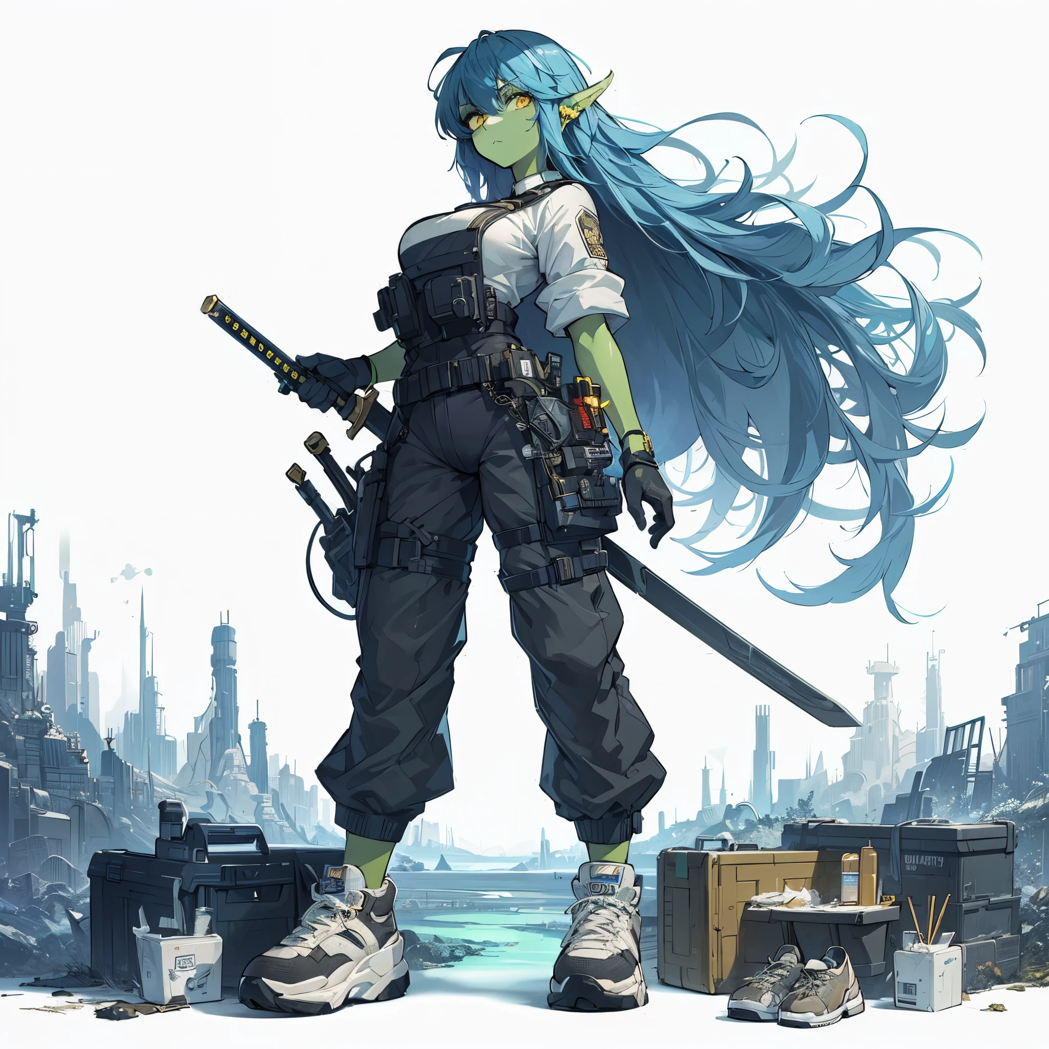 (Masterpiece, top quality), (detailed hair), ultra detailed, anime style, full body, solo, Cyberpunk orc girl, Muscular body shape, wearing a work uniform, night blue hair and yellow eyes, pale green skin, holds a sword in a scabbard, wears high tech sneakers, standing in wasteland, white background, whole body,