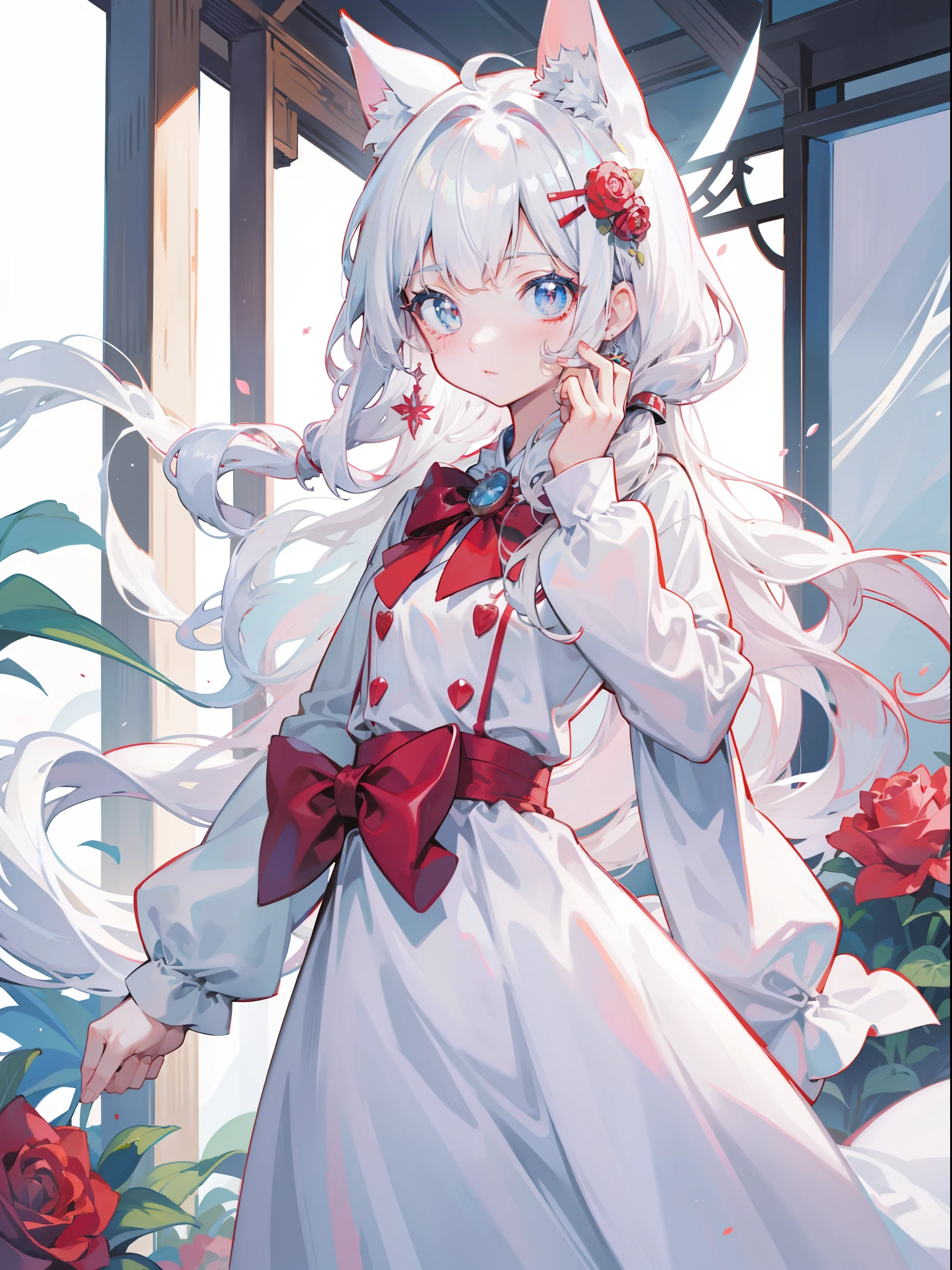 There is a woman in a white dress，A red rose was stuck in her hair, Anime role play, Anime girl role play, role play foto, Anime style mixed with Fuji film, role play, White-haired God, a beautiful fox woman, role play游戏制作者, white cat girl, silver hair girl, internal medicine rice, real life anime girls, Ayaka role play, Baiji haircut hairstyle