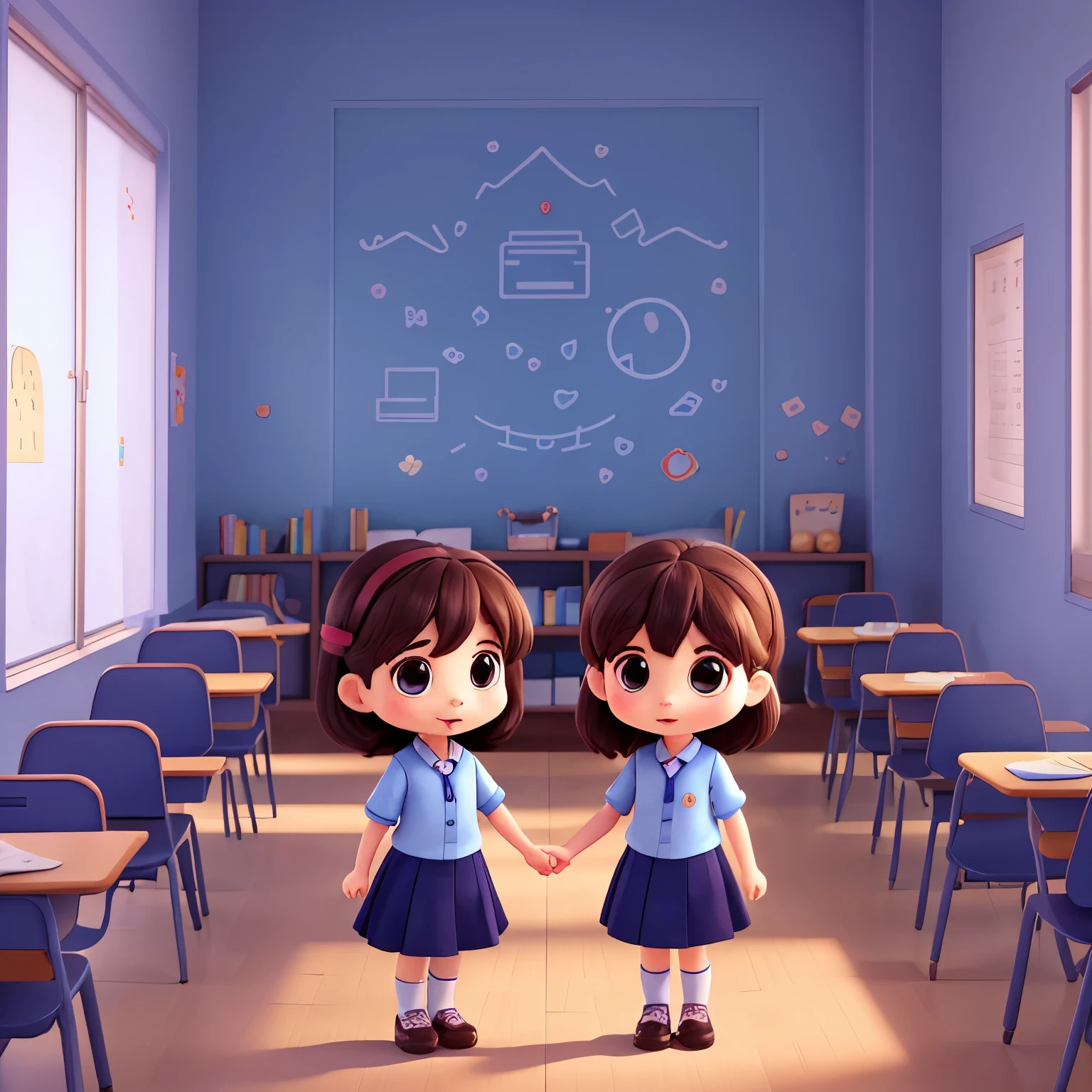 cute、An illustration、flat design、1 girl、conversation with a boy、dark blue school uniform、elementary school classroom、indoor、light blue sky、cherry blossoms、