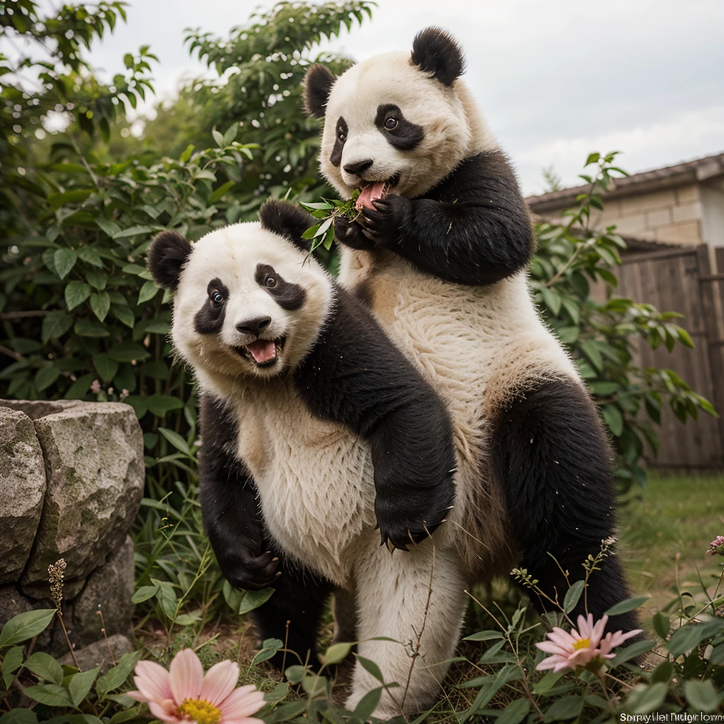 A cute panda, big eyes, rosy cheeks, a lazy demeanor, welcoming, high-detail eating ,chasing , white butterfly, in the flower bushes.