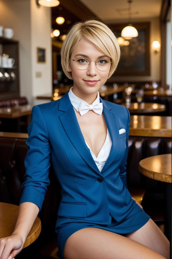 25 year old European girl, (blonde hair with pixie cut), ((portrait)), pale skin, athletic body, dimples, bob cut, (smile), looking at viewer, glasses, ribbons, bow tie,  highly detailed fitted suit, blazer, button down shirt, showing cleavage, high waisted skirt, sitting, indoors, collar, (full body: 1.6), (cold colors), (perfect proportion), ((detailed face:1.2)), ((detailed facial features)), (finely detailed skin ), (in cafe:1.5), (realistic photo), (best quality), (detailed), photographed with a Canon EOS R5, 50mm lens, F/2.8, HDR, (8k), (wallpaper), (cinematic lighting), (dramatic lighting), (sharp focus), ( intricate), from above