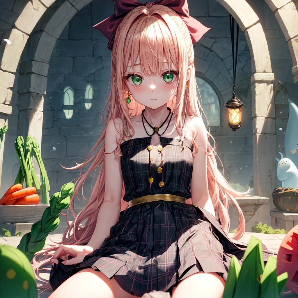 pink blonde、green eyes、one good looking girl、solo、anime、plaid mini skirt、the skirt has buttons、black camisole、black t-shirt、dress、wearing a ribbon、ribbon at waist、cloak、hood、clouds are swirling、stone slabs are piled up、one hand raised、crystal earrings、vegetable garden、monster castle、ceiling、golden key、jewelry necklace、Light and shadow、window、Hundreds of Ghosts at Night、lantern、sitting、legs crossed、mirror、Carrot、asparagus、tomato、green pepper、tunnel