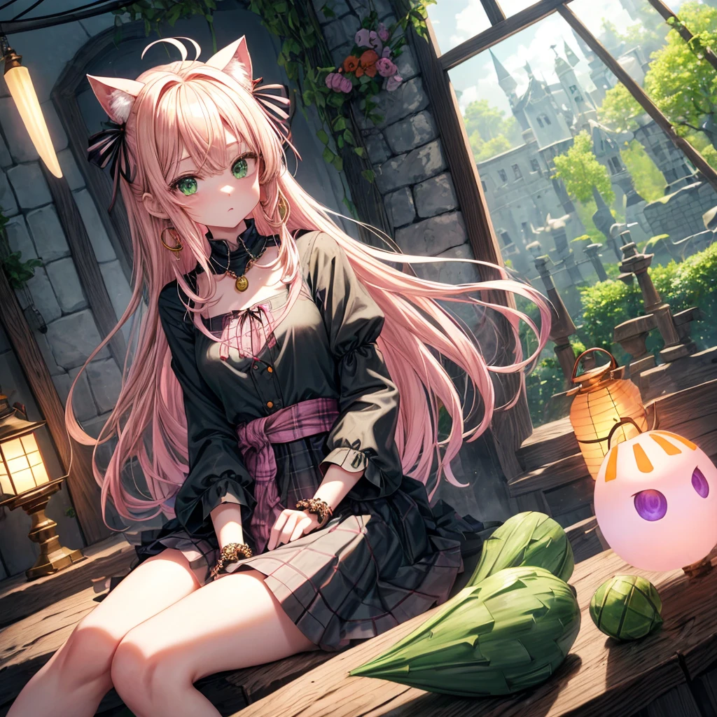 pink blonde、green eyes、one good looking girl、solo、anime、plaid mini skirt、the skirt has buttons、black camisole、black t-shirt、dress、wearing a ribbon、ribbon at waist、cloak、hood、clouds are swirling、stone slabs are piled up、one hand raised、crystal earrings、vegetable garden、monster castle、ceiling、golden key、jewelry necklace、Light and shadow、window、Hundreds of Ghosts at Night、lantern、sitting、legs crossed、mirror、Carrot、asparagus、tomato、green pepper、tunnel