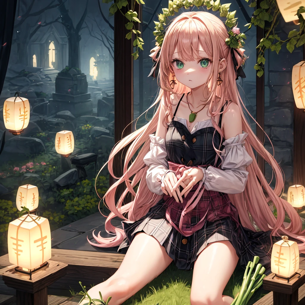 pink blonde、green eyes、one good looking girl、solo、anime、plaid mini skirt、the skirt has buttons、black camisole、black t-shirt、dress、wearing a ribbon、ribbon at waist、cloak、hood、clouds are swirling、stone slabs are piled up、one hand raised、crystal earrings、vegetable garden、monster castle、ceiling、golden key、jewelry necklace、Light and shadow、window、Hundreds of Ghosts at Night、lantern、sitting、legs crossed、mirror、Carrot、asparagus、tomato、green pepper、tunnel