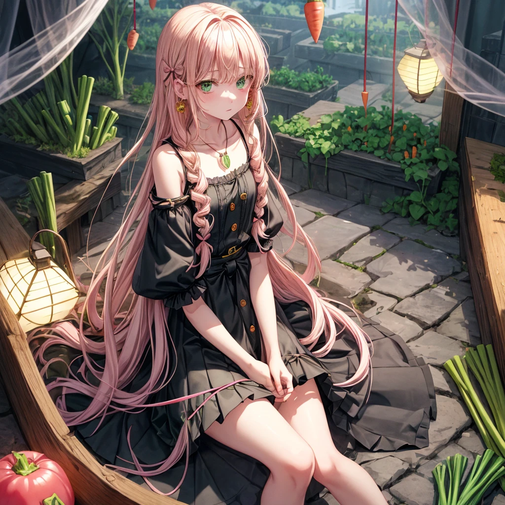 pink blonde、green eyes、one good looking girl、solo、anime、plaid mini skirt、the skirt has buttons、black camisole、black t-shirt、dress、wearing a ribbon、ribbon at waist、cloak、hood、clouds are swirling、stone slabs are piled up、one hand raised、crystal earrings、vegetable garden、monster castle、ceiling、golden key、jewelry necklace、Light and shadow、window、Hundreds of Ghosts at Night、lantern、sitting、legs crossed、mirror、Carrot、asparagus、tomato、green pepper、tunnel