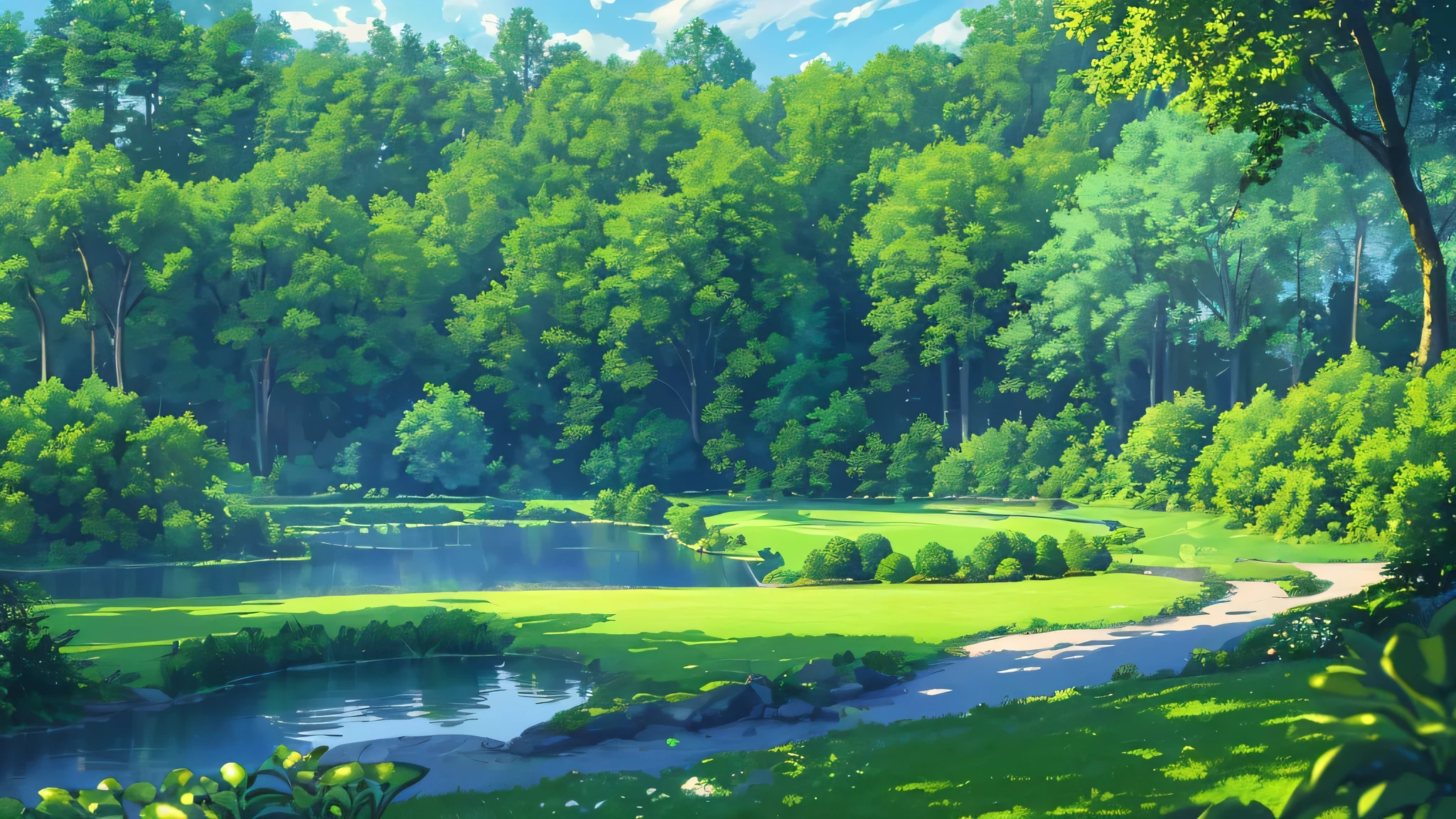 masterpiece, best quality, (Very detailed CG Unity 8k wallpaper) (best quality), (Best Illustration), (Best shadows) nature', blue lake,surrounded by green lawns,distant forest,light tracing, super detailed, bright blue sky and white clouds, movie lighting, Soft light--v6