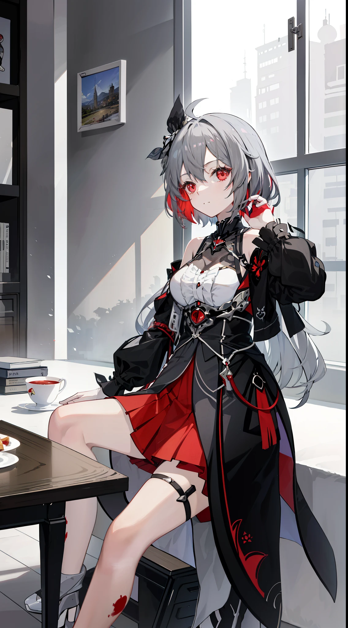 Anime girl with long gray hair sitting on the table in the room, 4K quality，Ultra high quality，Novel cover illustration level，Azur lane skin vertical painting style，The girl&#39;s face is slightly reluctant
