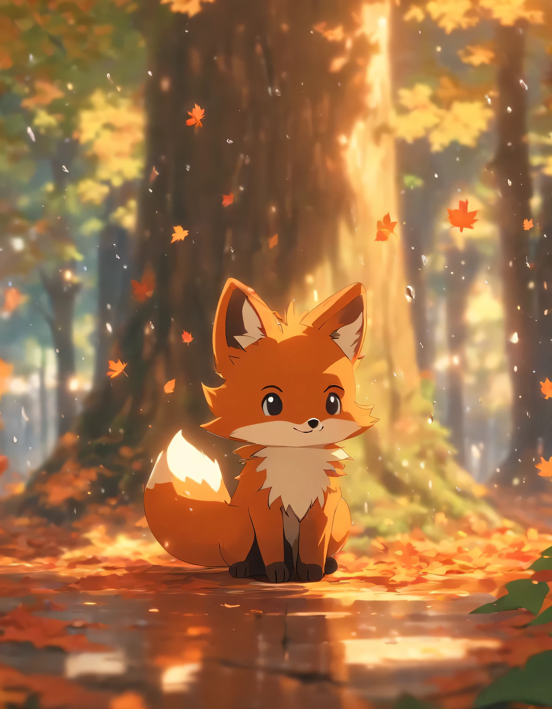 (best quality,4k,8k,high resolution,masterpiece:1.2),super detailed, Many maple leaves fall,Colorful autumn scenery, fox,cute fox,autumn forest,The fox wears a cloak made of maple leaves,hidden fox,root,rainy day,peaceful atmosphere,maple,autumn leaves,Beautiful colorful fox,Dark green and orange leaves,Quiet environment,natural lighting,Soft raindrops,Leaves on the ground,gentle mist,The sun shines through the trees,majestic tree trunk,Quiet solitude,magical atmosphere