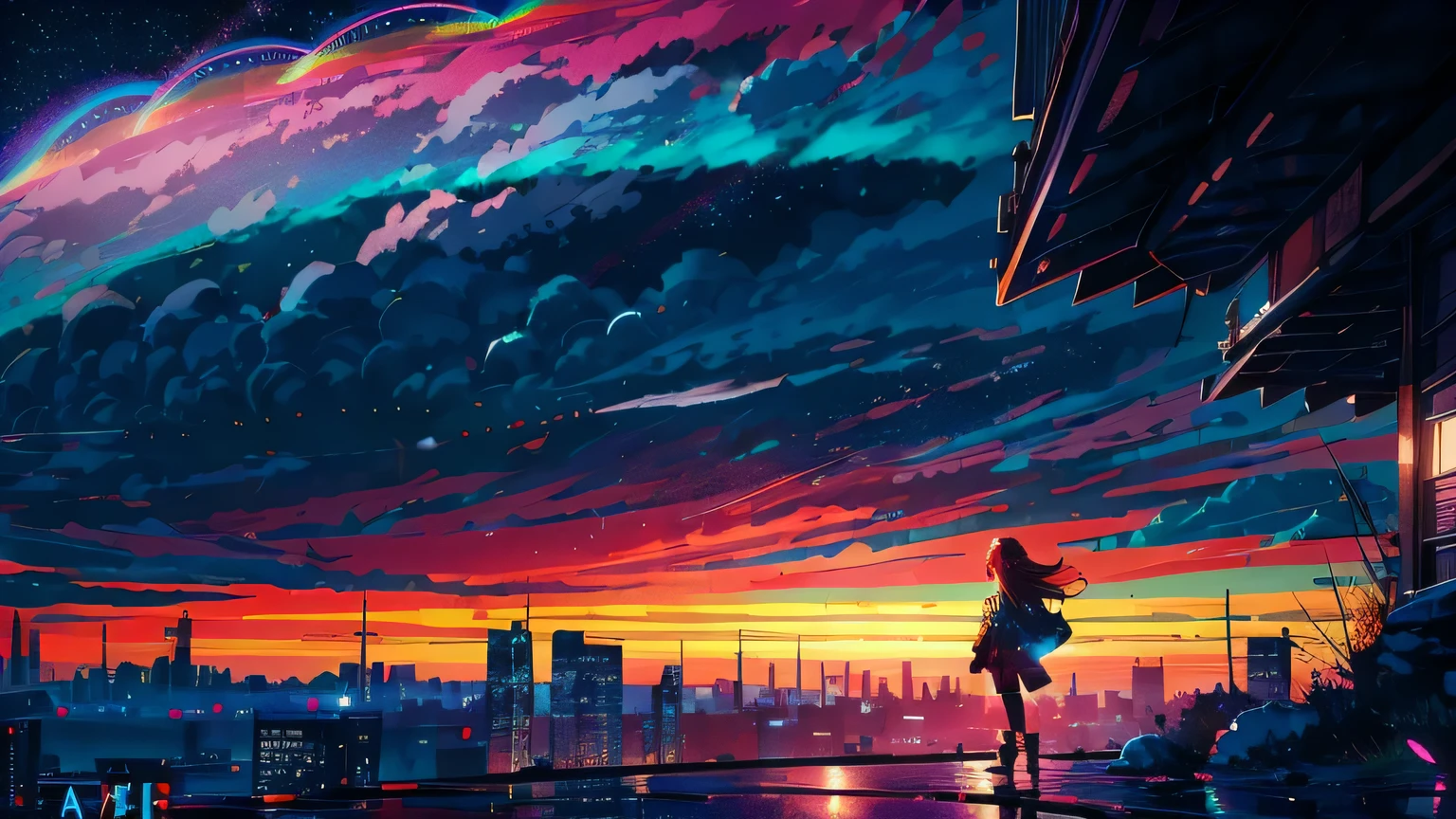 anime girl looking at anime scenery of a city with a tower and a sky, anime art wallpaper 4 k, anime art wallpaper 4k, anime clouds, makoto shinkai cyril rolando, by sylvain sarrailh, anime art wallpaper 8 k, inspired by sylvain sarrailh, 4k highly detailed digital art, anime wallpaper 4k, anime wallpaper 4 k