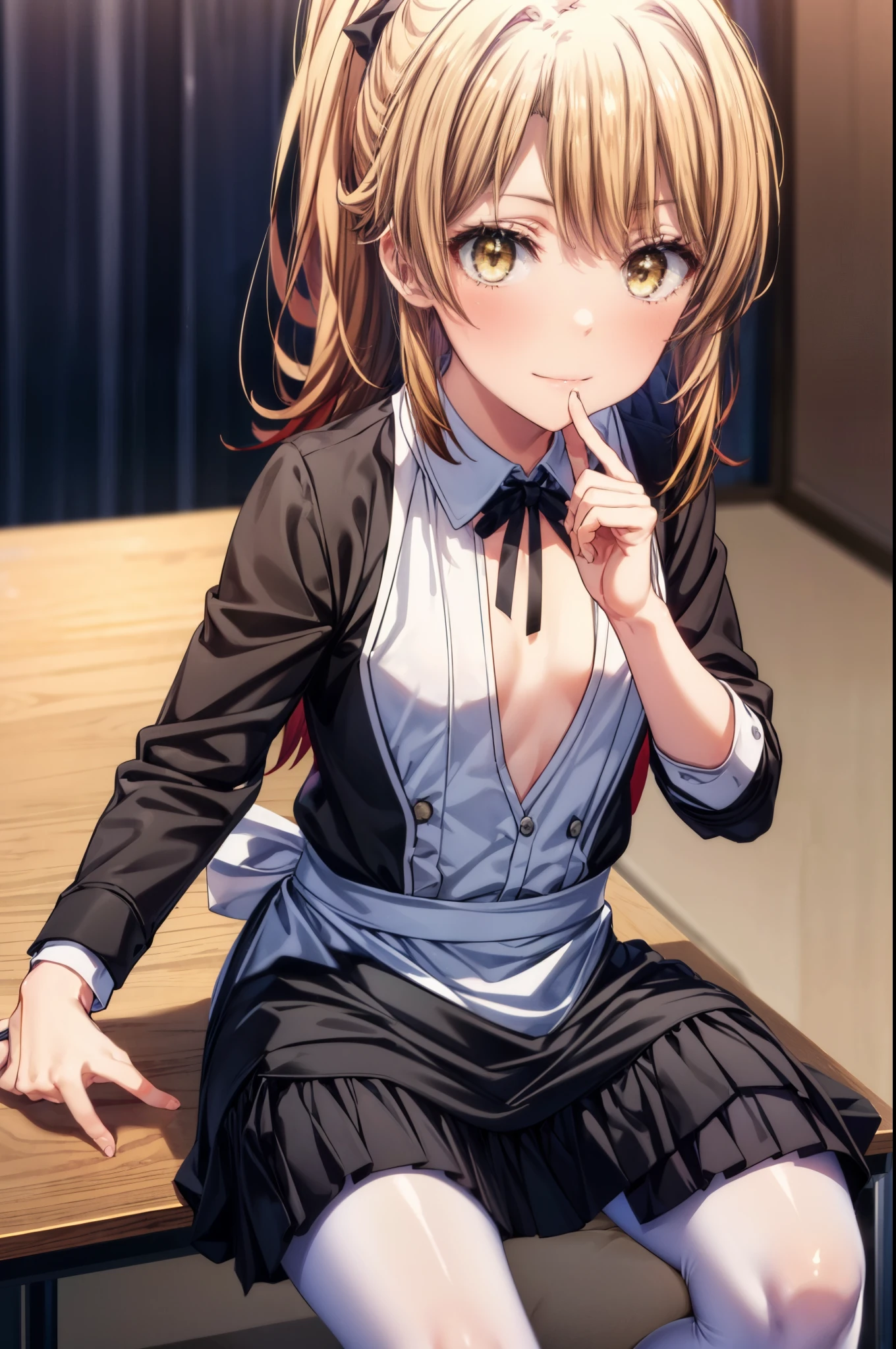 irohaisshiki, iroha isshiki, long hair, brown hair, (brown eyes:1.5), ponytail,blush,smile,Maid clothes,bare chest,medium chest,she was wearing a maid skirt, black pantyhose on her legs, narrow your eyes,put your index finger on your chin,sit with one&#39;s feet on the desk,sexy pose,
break indoors, room,
break looking at viewer,
break (masterpiece:1.2), highest quality, High resolution, unity 8k wallpaper, (figure:0.8), (detailed and beautiful eyes:1.6), highly detailed face, perfect lighting, Very detailed CG, (perfect hands, perfect anatomy),