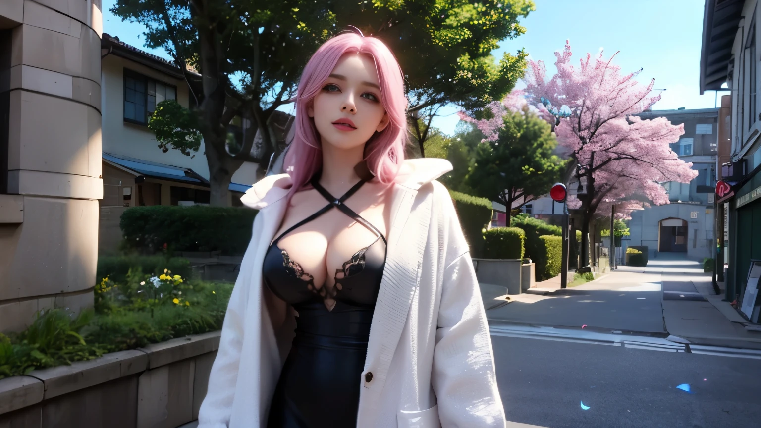 ((highest quality)), ((masterpiece)), (detailed: 1.4), 3D, beautiful cyberpunk female statue, HDR (high dynamic range), ray tracing, NVIDIA RTX, super resolution, unreal 5, Scattered beneath the surface, PBR texture, Post-processing, anisotropic filtering, Depth of the bounds written, maximum sharpness and sharpness, multilayer texture, Albedo and highlight mapping, surface coloring, Accurate simulation of material interactions, perfect proportions, octane rendering, two color light, Large Diameter, Low ISO, White balance, normal three point, 8K RAW, Beautiful and bright pupils, flowing robe, splendid pupils, delicate face and eyes, long eyelashes, blush, fluffy hair, pink lips, Pure, cute, sweet girl, cherry blossom petals fall, butterfly, casual wear, luxury、smile、cleavage