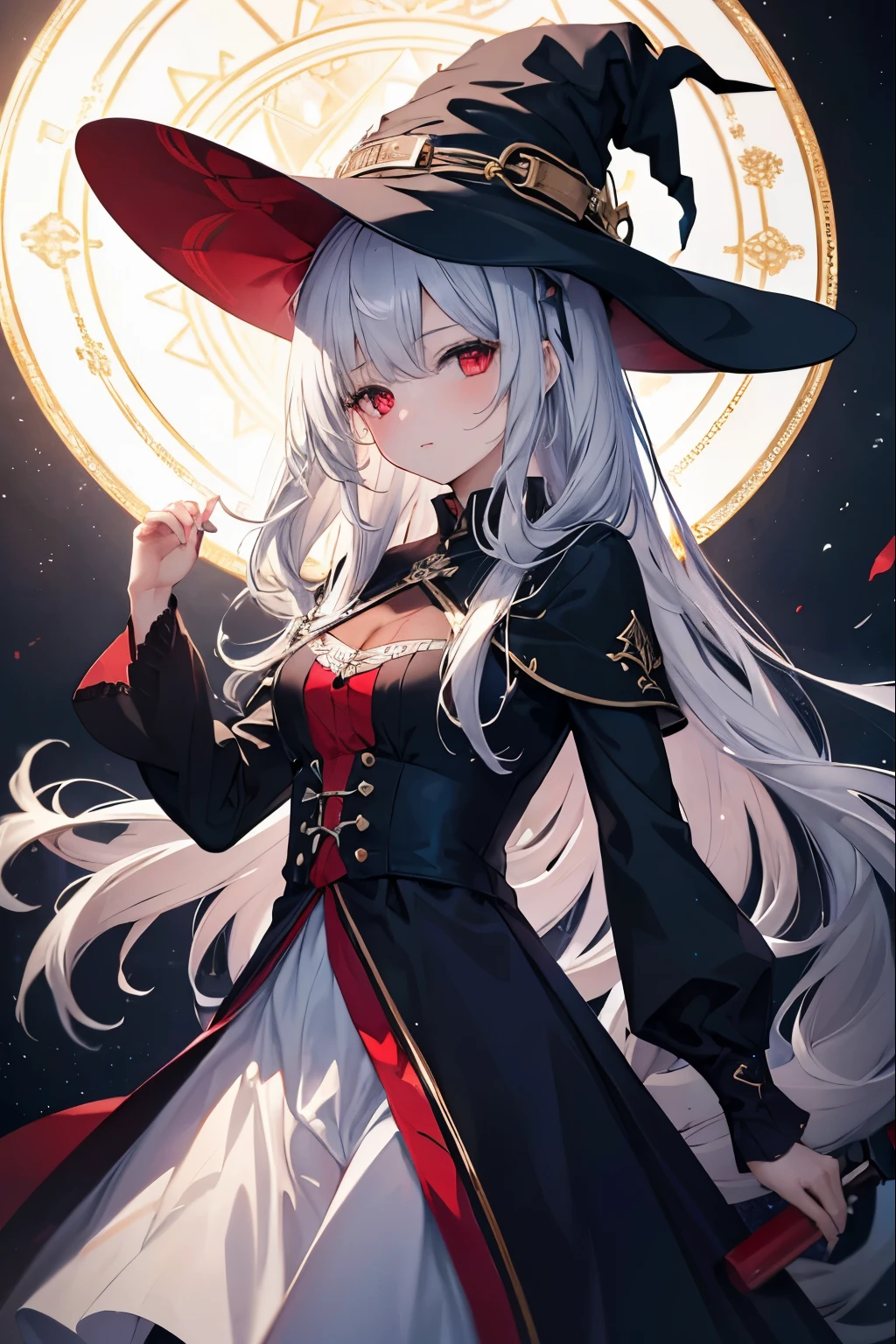 ((masterpiece)), ((highest quality)), ((High resolution)), ((finely)), 1 girl,long silver hair,red eyes,Cute 16 year old beautiful girl,A witch restrained on a magic circle