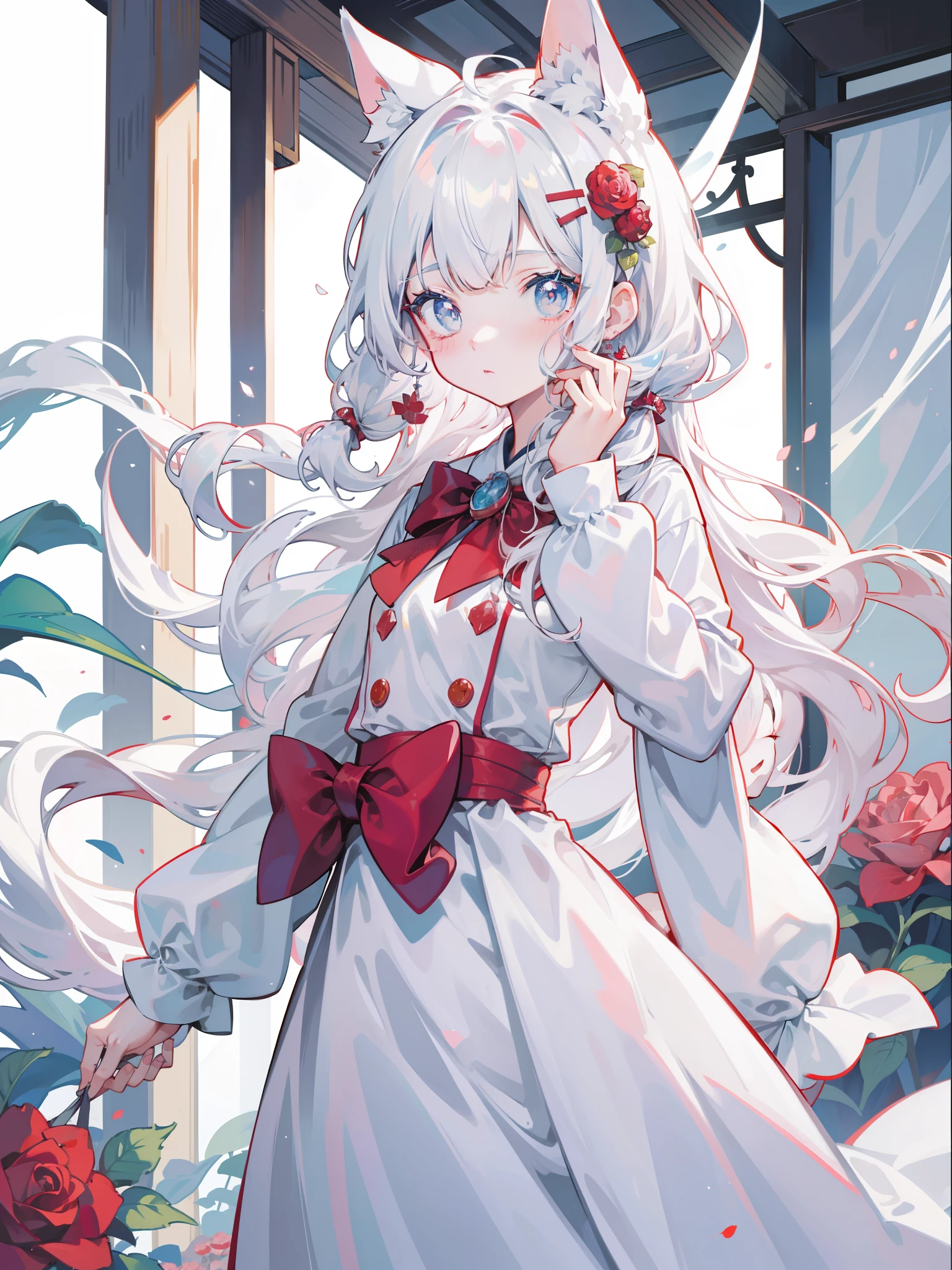 There is a woman in a white dress,A red rose was stuck in her hair, Anime role play, Anime girl role play, role play foto, Anime style mixed with Fuji film, role play, White-haired God, a beautiful fox woman, role play游戏制作者, white cat girl, silver hair girl, internal medicine rice, real life anime girls, Ayaka role play, Baiji haircut hairstyle