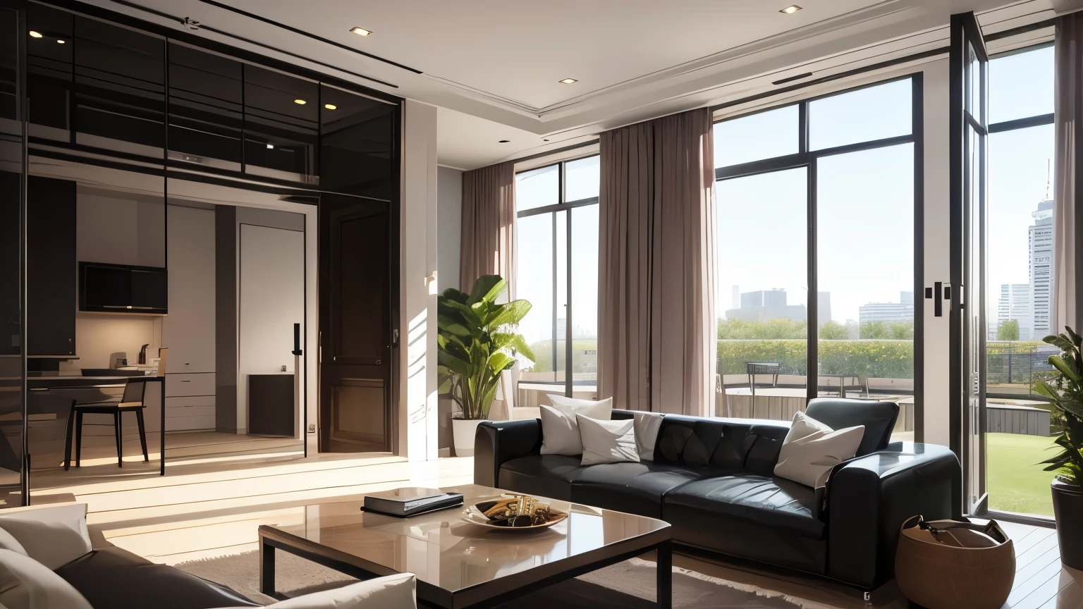 you are a famous interior designer、I was asked to create a 3D image of a large modern room.。. Create a harmonious environment with modern and minimalist furniture. Including garden interior.