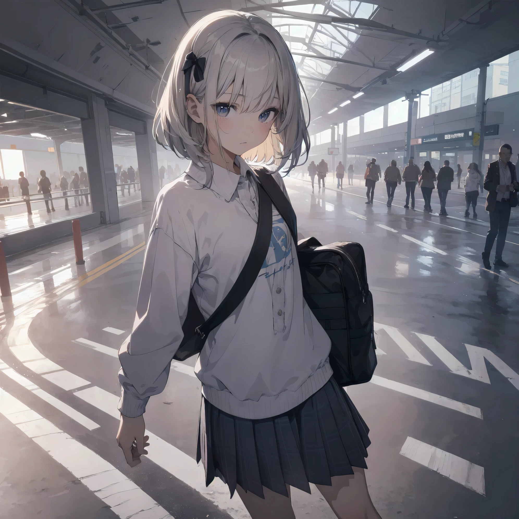 Super absurd quality by the god of art, super detailed, High resolution, artist:Fujiyama, Best Anime 8K Kona-chan Wallpaper, pixiv contest winner, perfect anatomy, break,(眠そうにalone学校へ行く女の子を描いてください. )break,1 girl, (alone, woman, baby fears old:1., full finger,, The charm of an immature body, (very_short hair), bangs, flat chest, small ass, between legs, small black eyes, detailed and beautiful eyes, Well-proportioned iris and pupils, expressive eyes, sleepy eyes, High resolutionの詳細な髪, neck ribbon, skirt, collared shirt, pleated skirt, school uniform, school bag,(detailed lighting), (detailed background), On the way to school. break,super dense skin, Best cinematic lighting powered by famous artist, 8k, cute illustration,photoshop_(Moderate),Absurd Hi-Res,Hmm,rough skin