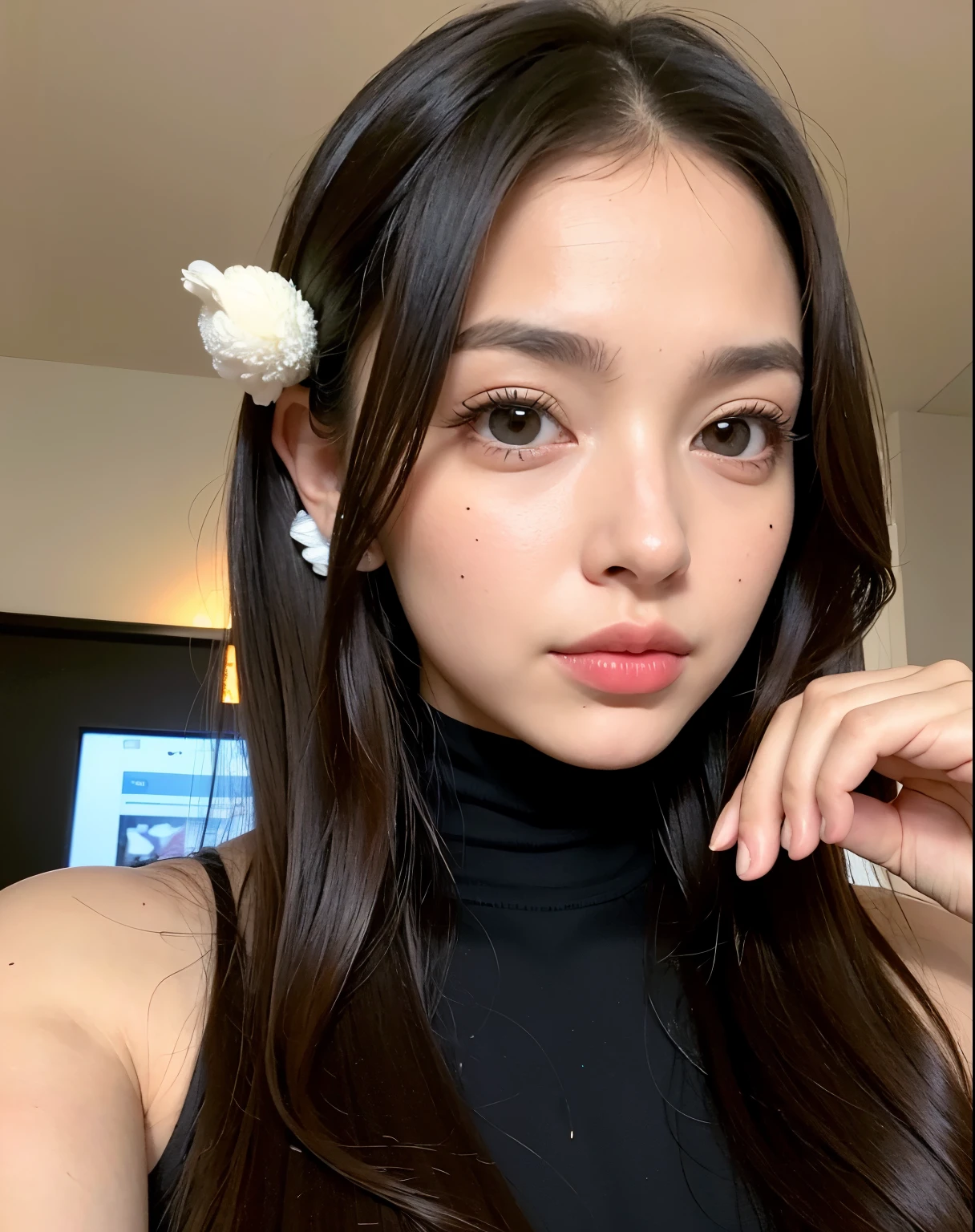 The best quality was a woman with a beautiful face, big eyes, and lips that looked like they had been injected with filler, smooth white skin, and attractive moles under the eyes, black hair, slender face, and ears, and after that She was wearing a very cute black dress and had long hair that was brownish-brown and slightly black, which was mixed with softness and cuteness.