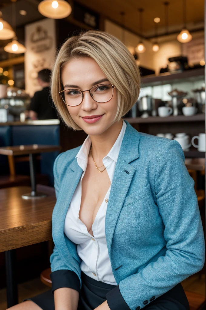 25 year old European girl, (blonde hair with pixie cut), ((portrait)), pale skin, athletic body, dimples, bob cut, (smile), looking at viewer, glasses, bow tie, highly detailed fitted suit, blazer, button-down shirt, showing cleavage, high waist skirt, sitting, indoors, collar, (full body: 1.6), (cold colors), (perfect proportion), ((detailed face:1.2)), ((detailed facial features)), (finely detailed skin ), (in cafe:1.5), (realistic photo), (best quality), (detailed), photographed with a Canon EOS R5, 50mm lens, F/2.8, HDR, (8k), (wallpaper), (cinematic lighting), (dramatic lighting), (sharp focus), ( intricate), from above