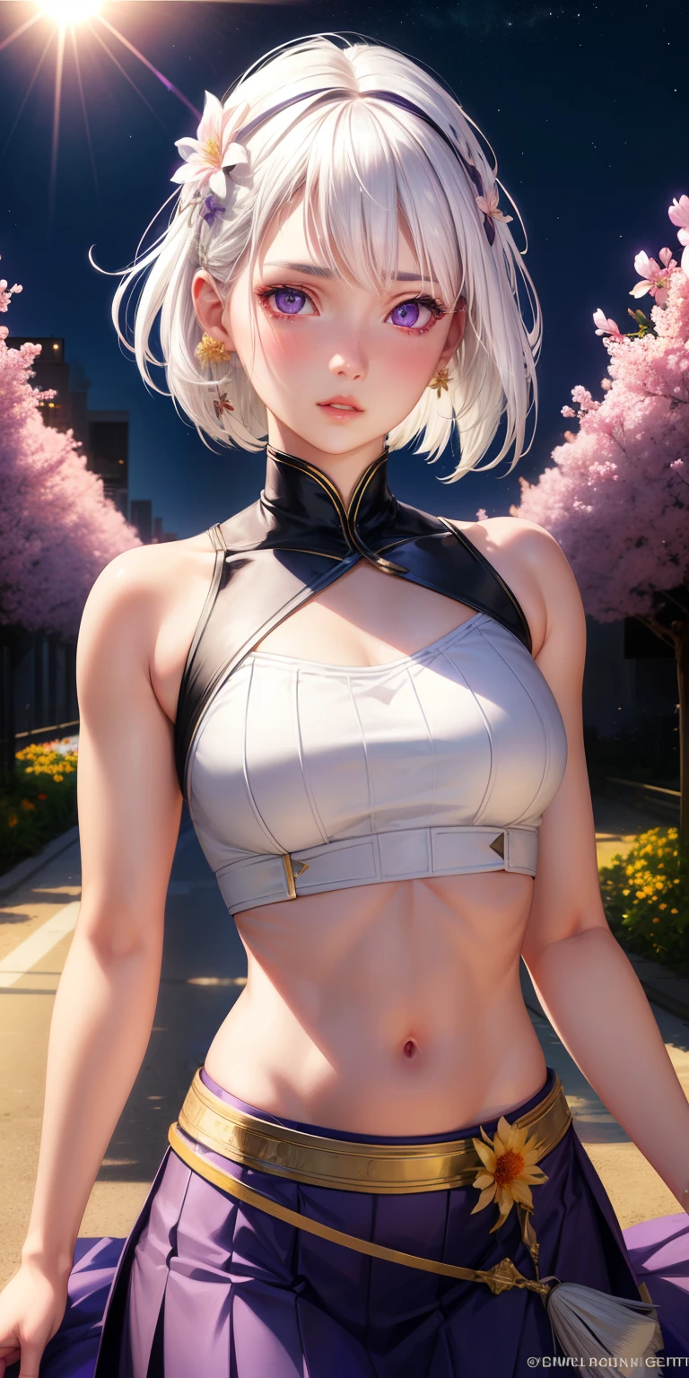 realistic, 1girl, white hair, purple eyes, glowing eyes, crop top, skirt, parted lips, blush, night, flowers, sun, sunlight,