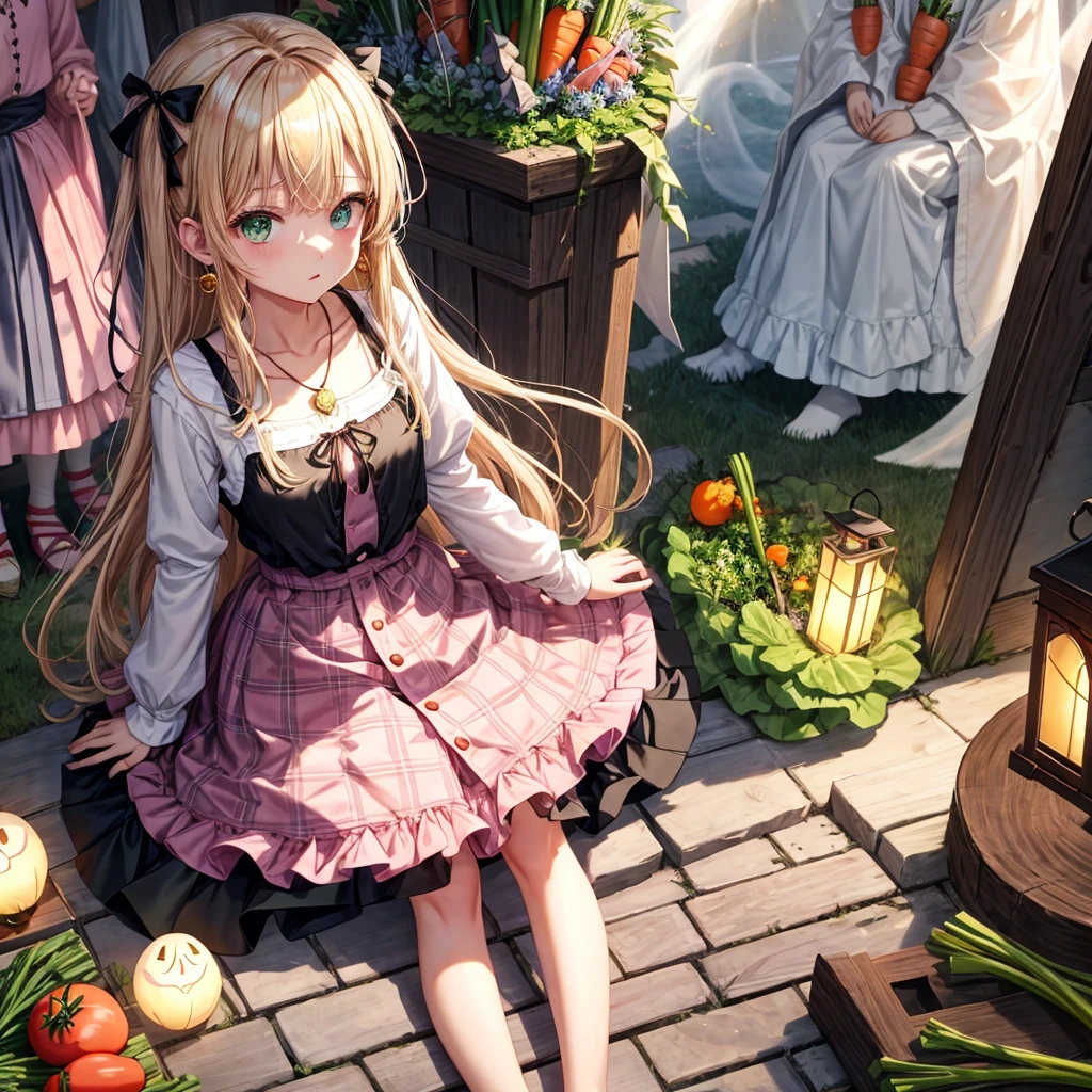 pink blonde、green eyes、one good looking girl、solo、anime、plaid mini skirt、the skirt has buttons、black camisole、black t-shirt、dress、wearing a ribbon、ribbon at waist、cloak、hood、clouds are swirling、stone slabs are piled up、one hand raised、crystal earrings、vegetable garden、monster castle、ceiling、golden key、jewelry necklace、Light and shadow、window、Hundreds of Ghosts at Night、lantern、sitting、legs crossed、mirror、Carrot、asparagus、tomato、green pepper、tunnel