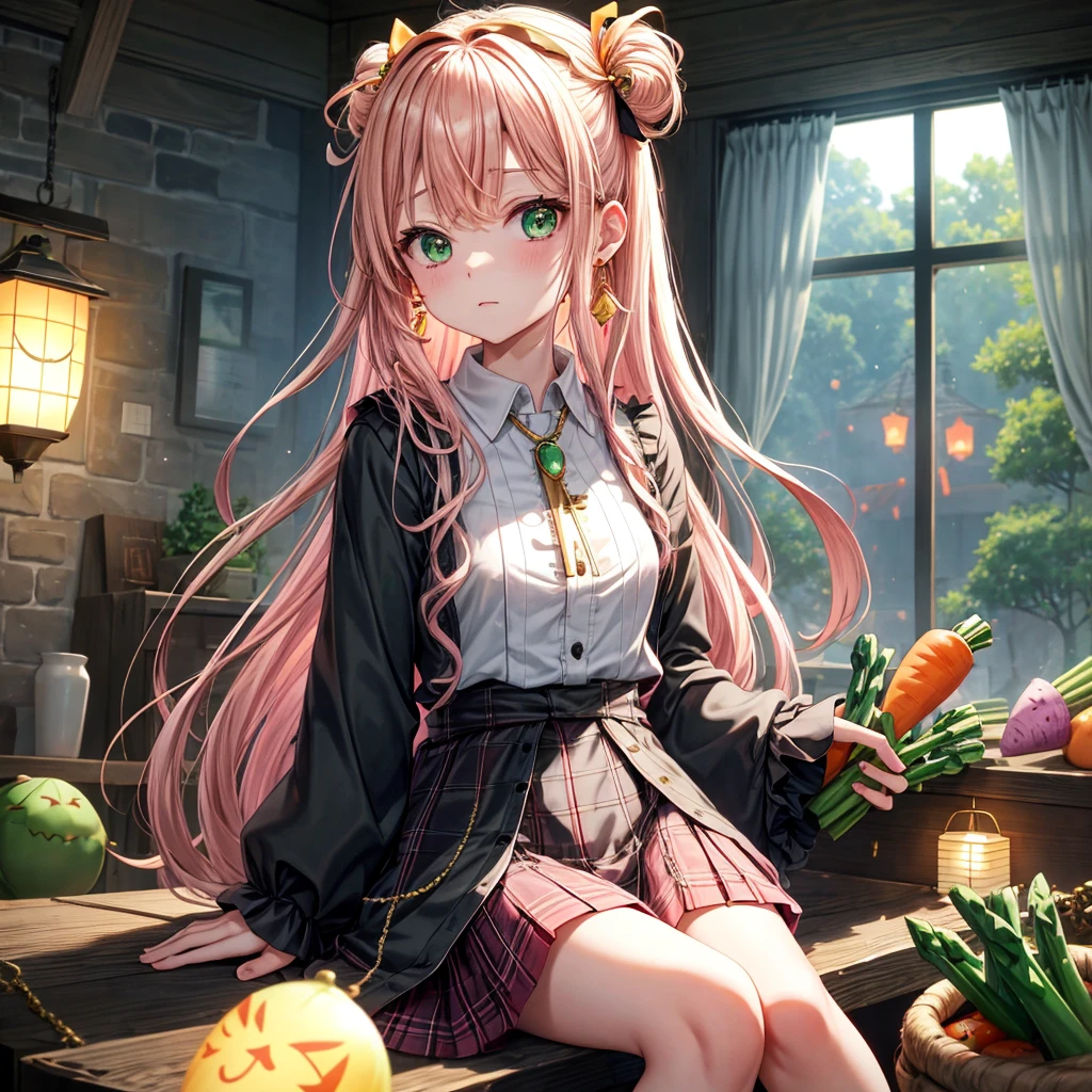 pink blonde、green eyes、one good looking girl、solo、anime、plaid mini skirt、the skirt has buttons、black camisole、black t-shirt、dress、wearing a ribbon、ribbon at waist、cloak、hood、clouds are swirling、stone slabs are piled up、one hand raised、crystal earrings、vegetable garden、monster castle、ceiling、golden key、jewelry necklace、Light and shadow、window、Hundreds of Ghosts at Night、lantern、sitting、legs crossed、mirror、Carrot、asparagus、tomato、green pepper、tunnel