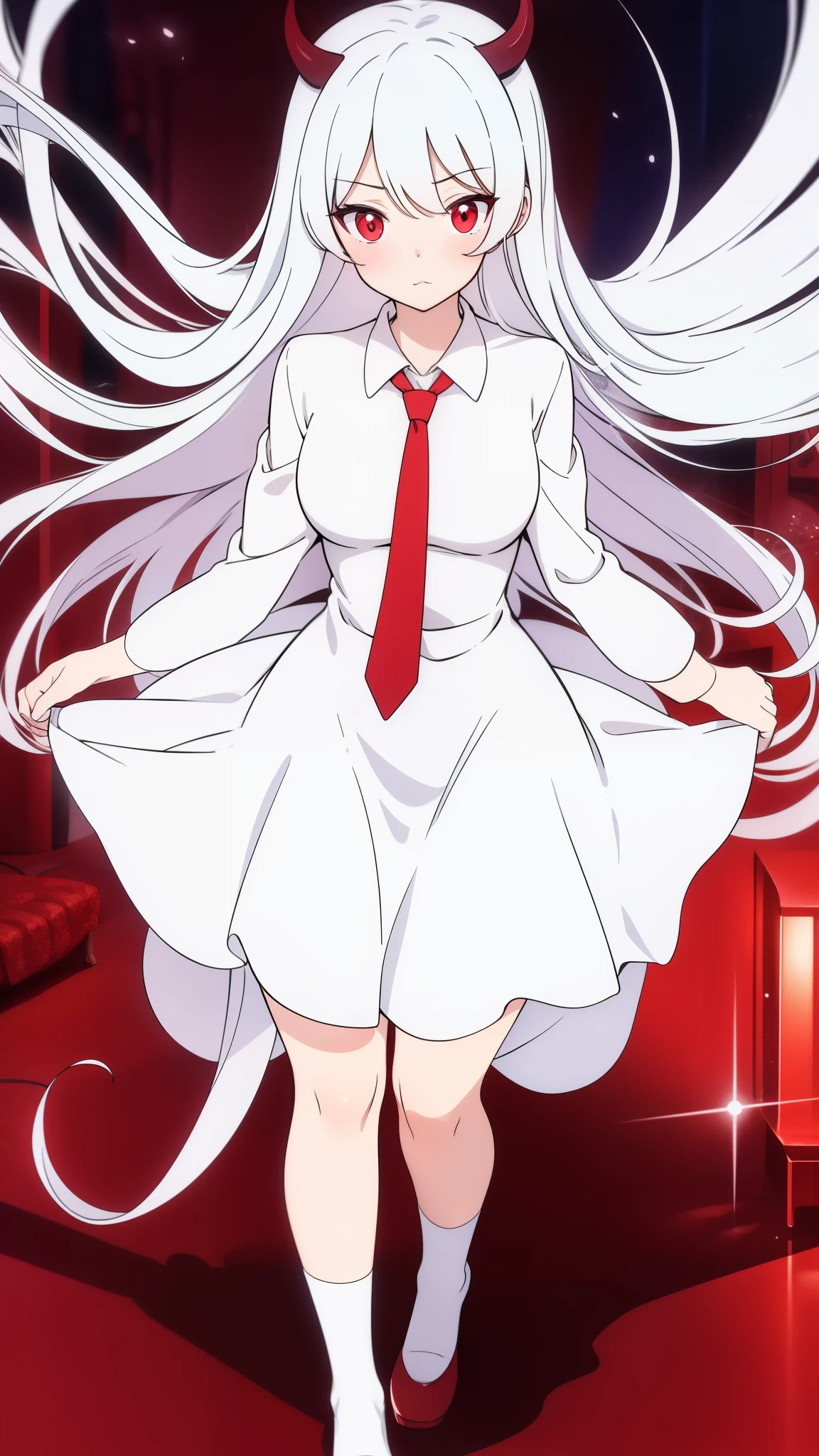 tmasterpiece，highest  quality，full body, 1girl, standing，red  eyes，White  hair, white JK dress,red tie，banya，coda