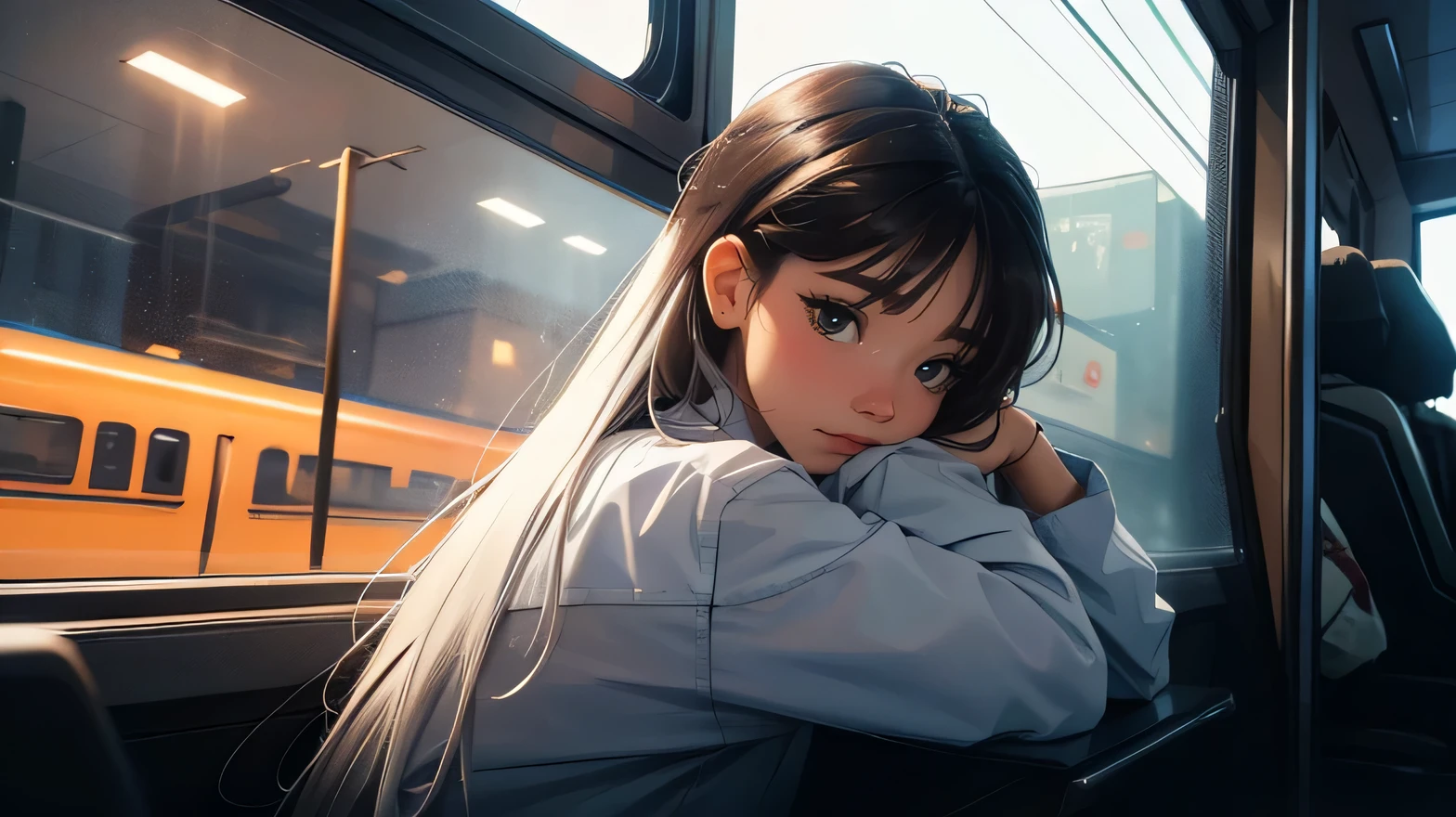 train, Sit by the window, take a pensive posture, Dark interior, My head got stuck in the glass., Scenery passing by at high speed, night trip, rainy night sky, Beautiful girl, UHD Portraits, (high quality) (ultra detail) Observation of a viewer wearing hip-hop style street clothes; different, fancy, long colored silver hair 🌈