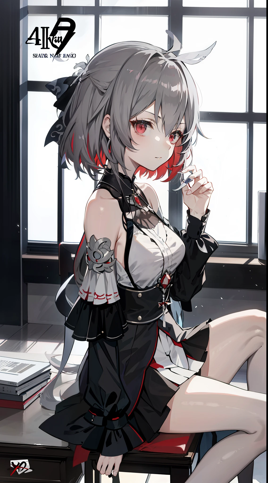 Anime girl with long gray hair sitting on the table in the room, 4K quality，Ultra high quality，Novel cover illustration level，Azur lane skin vertical painting style，The girl&#39;s face is slightly reluctant，Focus on the characters，Fade the background