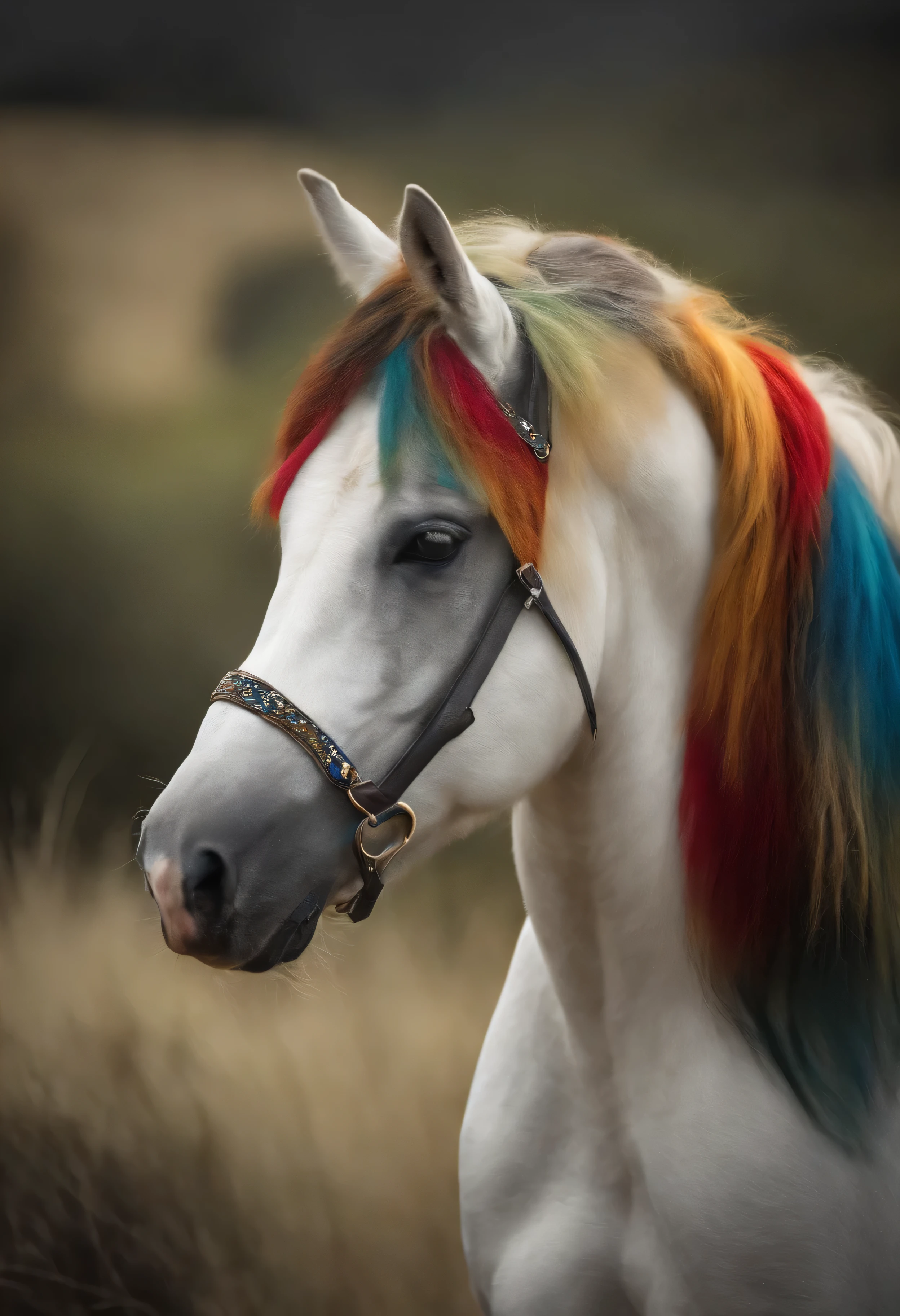 cavalo alado branco e forte sobrevoando o ceu multicor e que nele tenha um arcoires, I want the image orientation to be horizontal