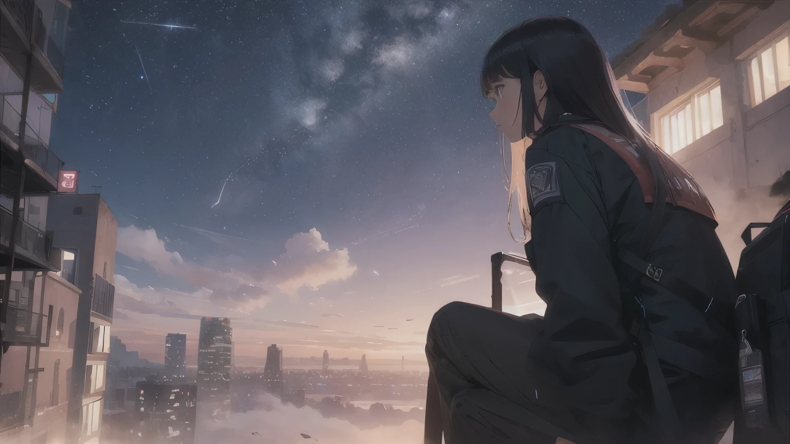 of octane, sky, star (sky), landscape, starry sky, night, 1 girl, night sky, One, on open air, building, cloud, Milky Way, Sitting, tree, long hair, city, Silhouette, cityscape