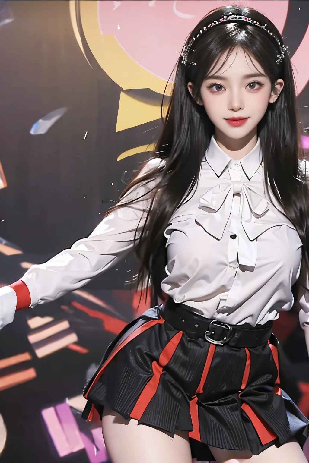 ((highest quality、8K、masterpiece:1.3))、sharp focus:1.2、(genuine、photogenuineistic:1.37)、(shining smile:1.2)、beautiful face woman、28 years old、pointed chest、long eyelashes、colored contact lenses、big breasts 、delicate、very fine eyes、highly detailed eyebrows、(sharp eyebrows)、(thin eyebrows).highly detailed face、(((beautiful feet:1.3)))、((beautiful breasts:1.3)、(brunette tousled hair)、(28 years old女性:1.2)、 (very detailed), (Bright colors), (attractive texture), (modern aesthetics), (Artistic talent), (creative composition), (unique concept), (High quality illustrations), (professional artistry), (bold outline:1.2), (captivating gaze), (Contemporary style), (Eye-catching design), (whole body:1.3), school uniform,(brother:1.2),mini skirt,(Absolute area:1.3),(idol stage:1.3),