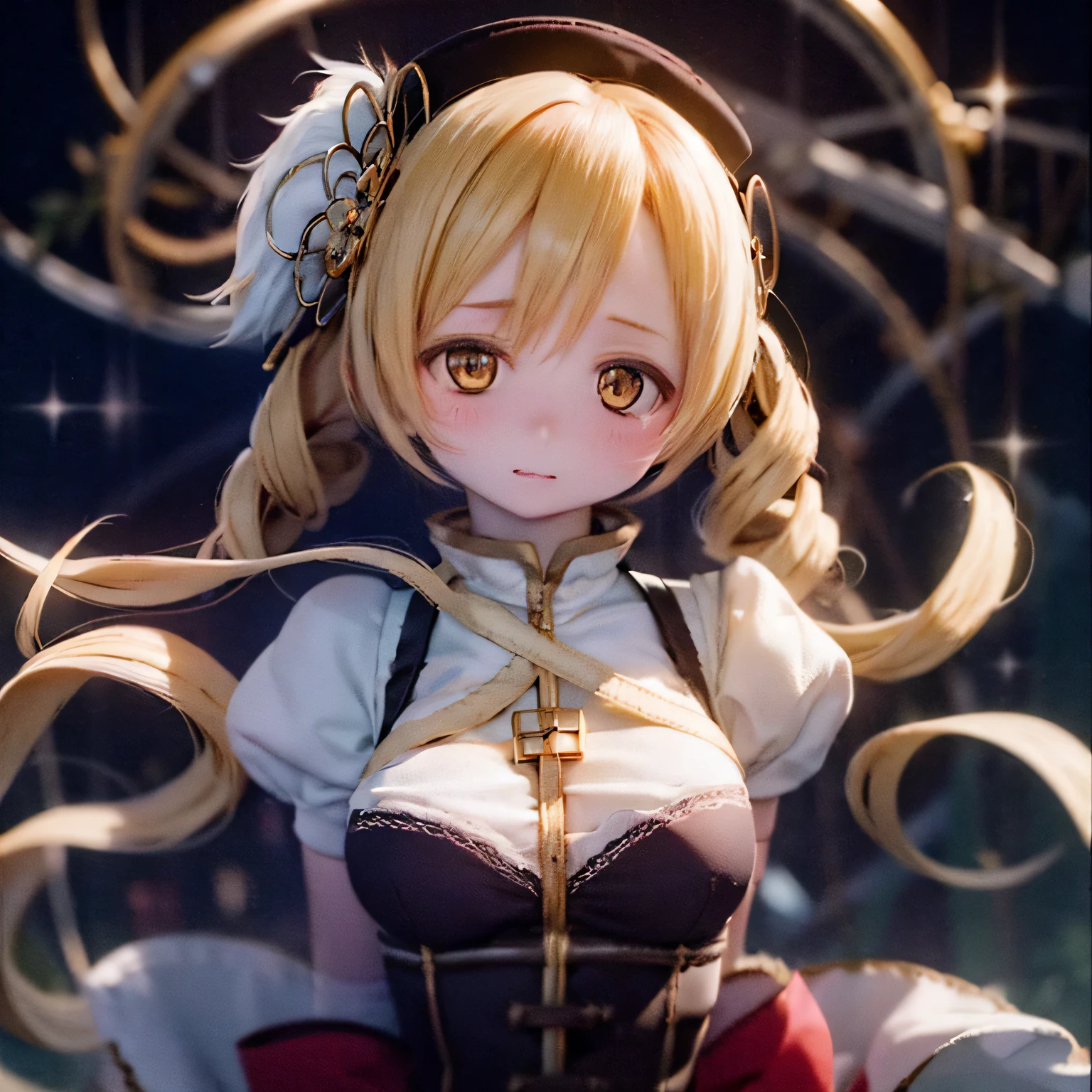 (best quality,ultra-detailed,masterpiece:1.2),expressive eyes,perfect face,beautiful Mami Tomoe,sofisticated pose,long pink hair,golden eyes,soft pink lips,detailed magical girl costume,dark background,glowing magic wand,sparkling magical effects,colorful spell circles,anime style,soft lighting,vibrant colors,mysterious aura cute