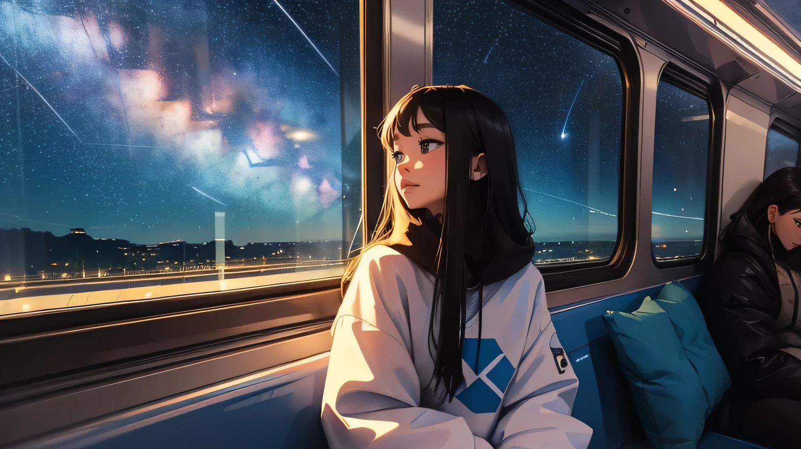 train, Sit by the window, take a pensive posture, look at the stars, My head got stuck in the glass, Scenery passing by at high speed, night trip, beautiful starry sky, Beautiful girl, UHD Portraits, (high quality) (ultra detail) Looking at viewers wearing hip-hop style streetwear; different, fancy, colored long hair 🌈