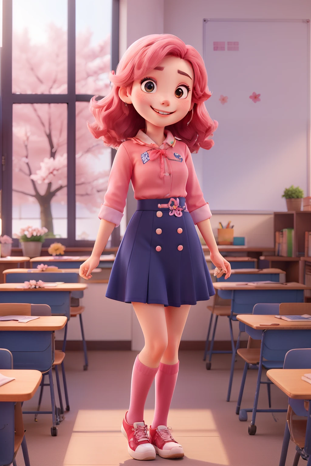 smile, Are standing、 ((cherry blossoms)), pink tone, navy blue uniform, light blue sky, classroom, flat
