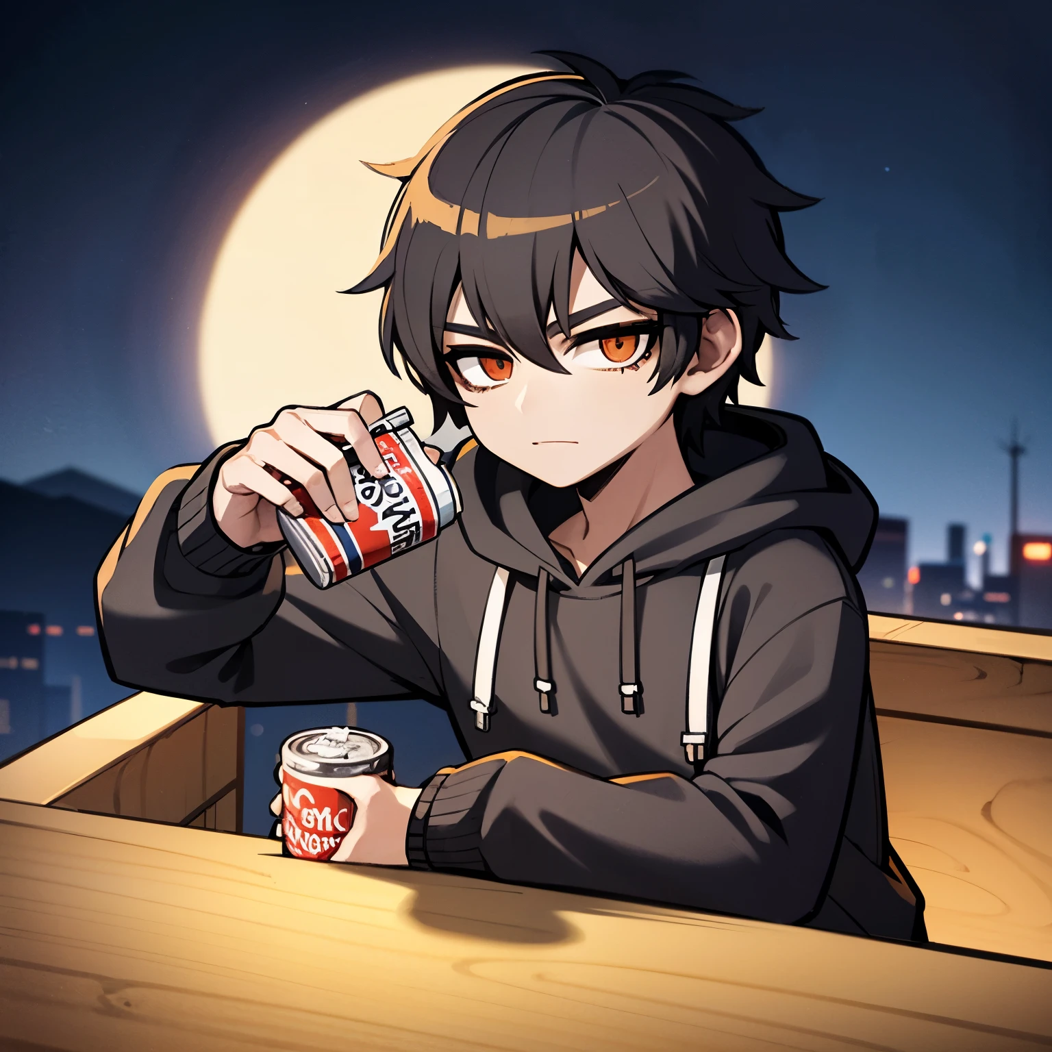 male,black hair,night sky,canned beer in one hand,Wearing a hoodie