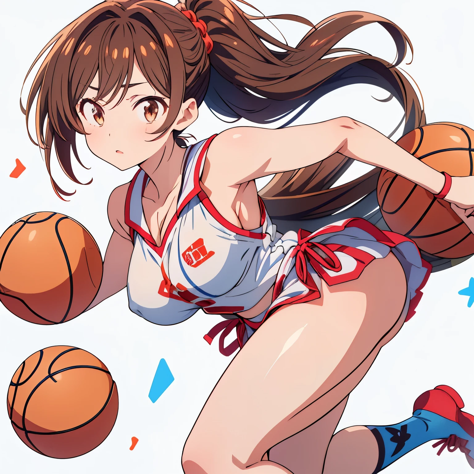 Estilo anime, 1 chica, pose sexy, muslos gruesos, tetas, nalgas, white background, chizuru mizuhara, (((Uniformes de baloncesto))), (((mojado con sudor))),Se puede ver un sujetador desde el costado del uniforme, pelo de caballo