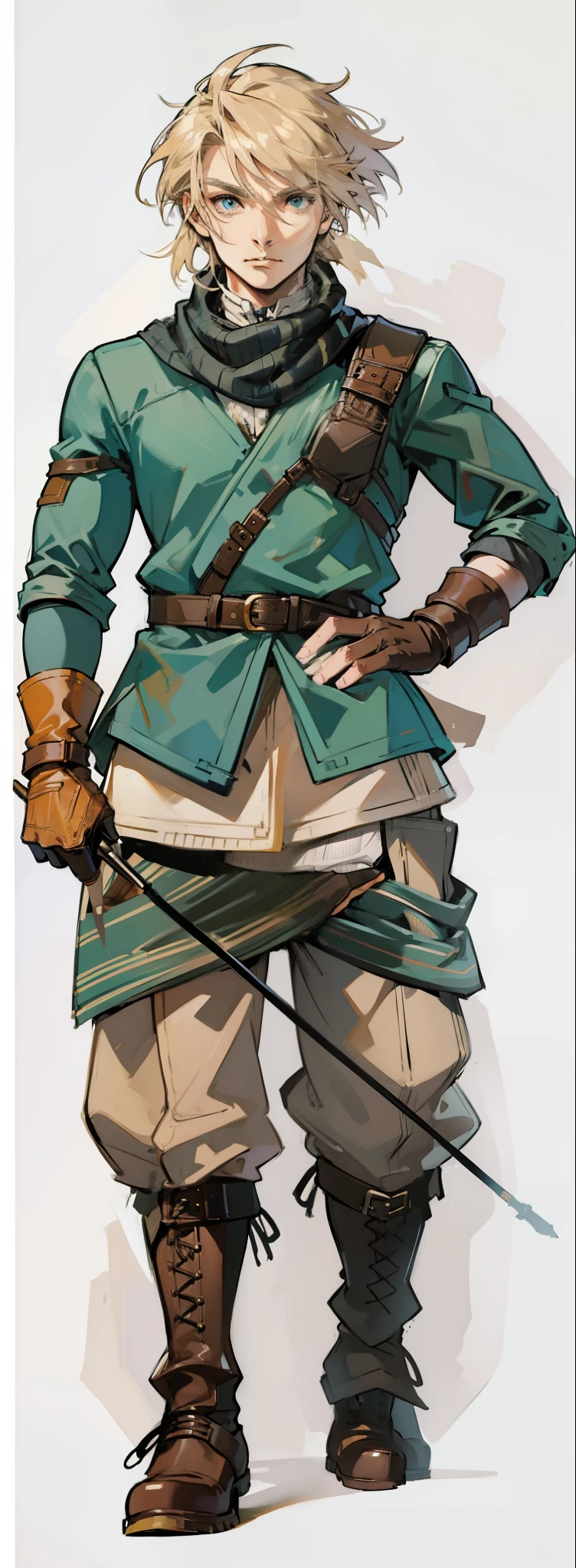 (Link:1)(Warrior:1), (adult man:1.33), standing, full body, leather combat boots, beige pants, gloves , (narrow eyebrows:0.33), (confident:1.4), (smiling:0.4), (clenching fists:0.33), scarf, holding riding crop,male,confident,strong,tall, from_below, dominant,bdsm,evil,staring