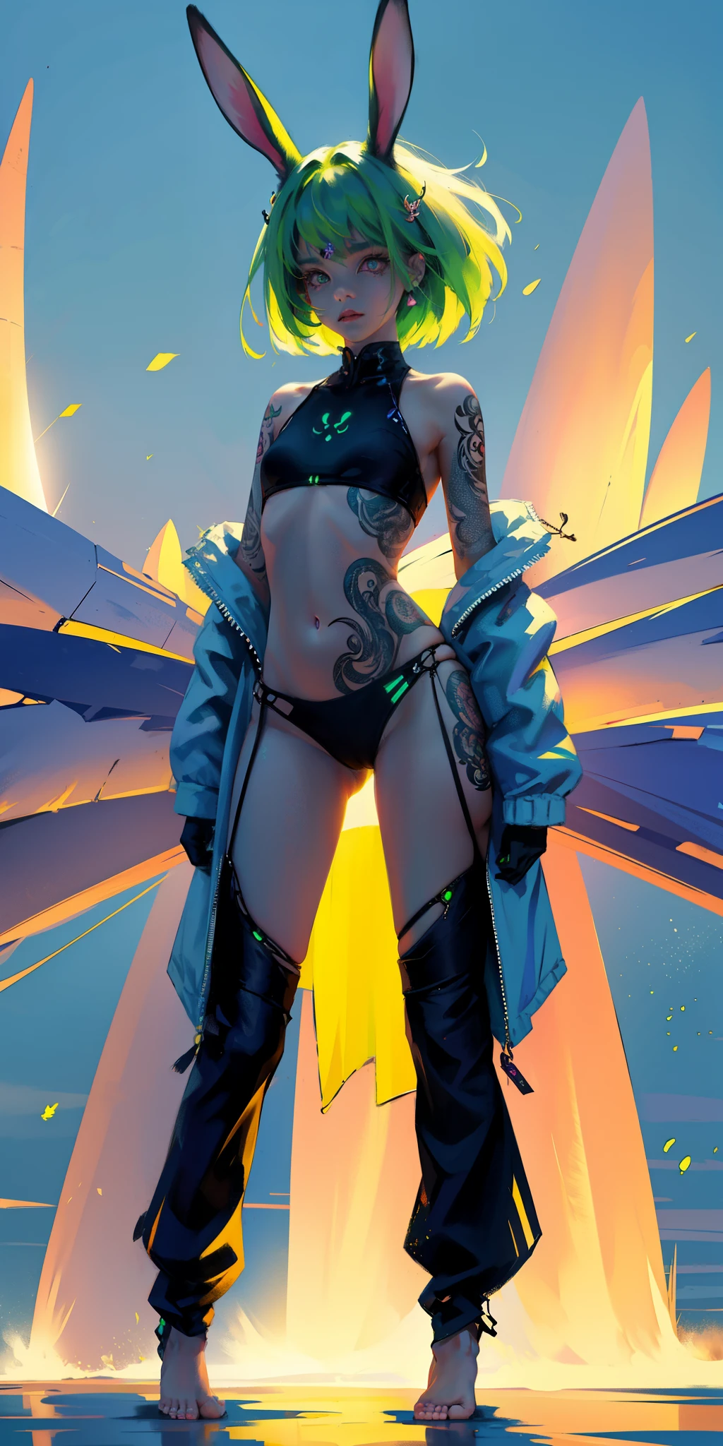 Rabbit technique , science fiction,
1 girl, tattoo, 发光tattoo, glowing eyes, Colorful glowing hair , (((whole body))), green hair,Open navel Kavitek, barefoot,pastel colors, kawaii, cutecolors,