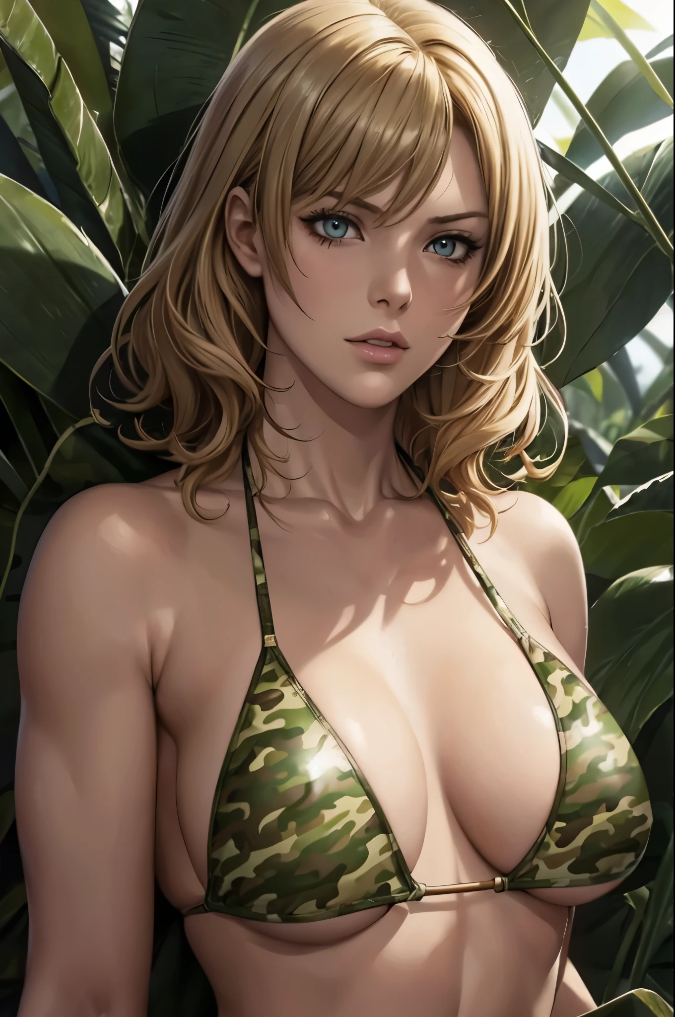 super fine illustration, ultra high resolution, masterpiece, highest quality, perfect shiny shinny skin, perfect lighting, detailed lighting, dramatic shadow, ray tracing, 1 beautiful white milf, looking at the viewer, ((small breasts:1.5)), ((beautiful detailed hazel eyes)), sharp face, clear eyes, long bang, ((medium curly hair)), ((blond hair)), ((in jungle:1.2)), ((Upper body:1.35)), ((camouflage bikini:1.35)), military harness, Alice Abernathy - Resident Evil Series, Milla Jovovich,