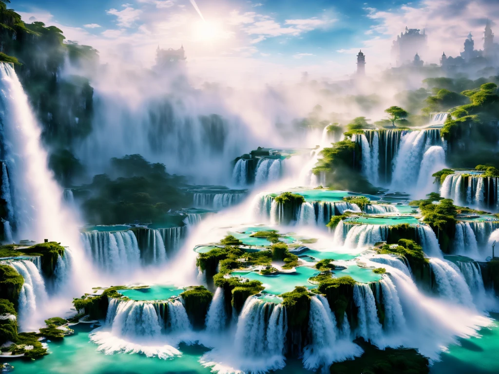 Light blue-white tones，palatial architecture.Gorgeous interior space，Blend in with the beautiful white building，All white interior fanThaty scene，((Super spectacular waterfall landscape))，(Super rich fountain waterfall)，Waterfall fountains at different levels，Transformation crystal，ice crystals，super quality，masterpiece，Super exquisite，many details，splashing water droplets，feeling of mist，water vapor eruption，That&#39;it&#39;like a wonderland.(best quality,4k,8k,high resolution,masterpiece:1.2),super detailed,