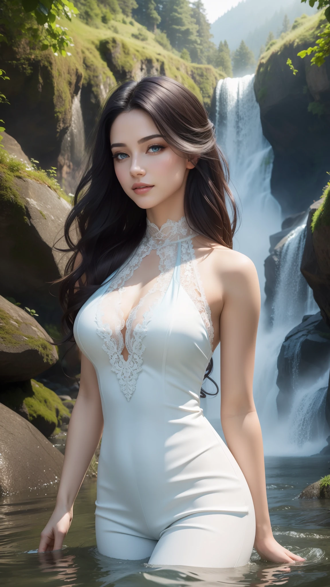 (masterpiece), high details, high quality, photorealistic, hyper-detailed, realistic skin texture, perfect face, A beautiful elegance woman, fierce woman, gorgeous woman, (elegant demeanor, elegance expression, Red cheeks, smile), ((full details white halter jumpsuit, lace, Wide Leg Jumpsuit)), shimmering with lustrous hues matching scheme, nice perfect face with soft skin, sharp jawline, aqua eyes, Long eyelashes, light reflecting, eyeliner, plump lips, glossy lips, eyeshadows, subtle makeup, hourglass body shape, wide hips, narrow waist, (random hairstyles, black hair with light blue tips, Thick layered medium double-tailed hairstyle, full layered thick hair, full layered hair thick, hair highlights, expressive hair, shiny hair, gradient hair, colored inner hair, very long hair), (the forest surrounded by the sunlight through the fog, Clouds on mountain, Illuminated by the sunlight, under the waterfall, shining waterfall, lake surface, floating on the surface of the water, she is floating on a river, reflective water, tranquil atmosphere, blue water, clean, high details background), fantasy art style, high quality detailed art, fantasy mixed with realism, ray tracing, charming, She is floating in the river