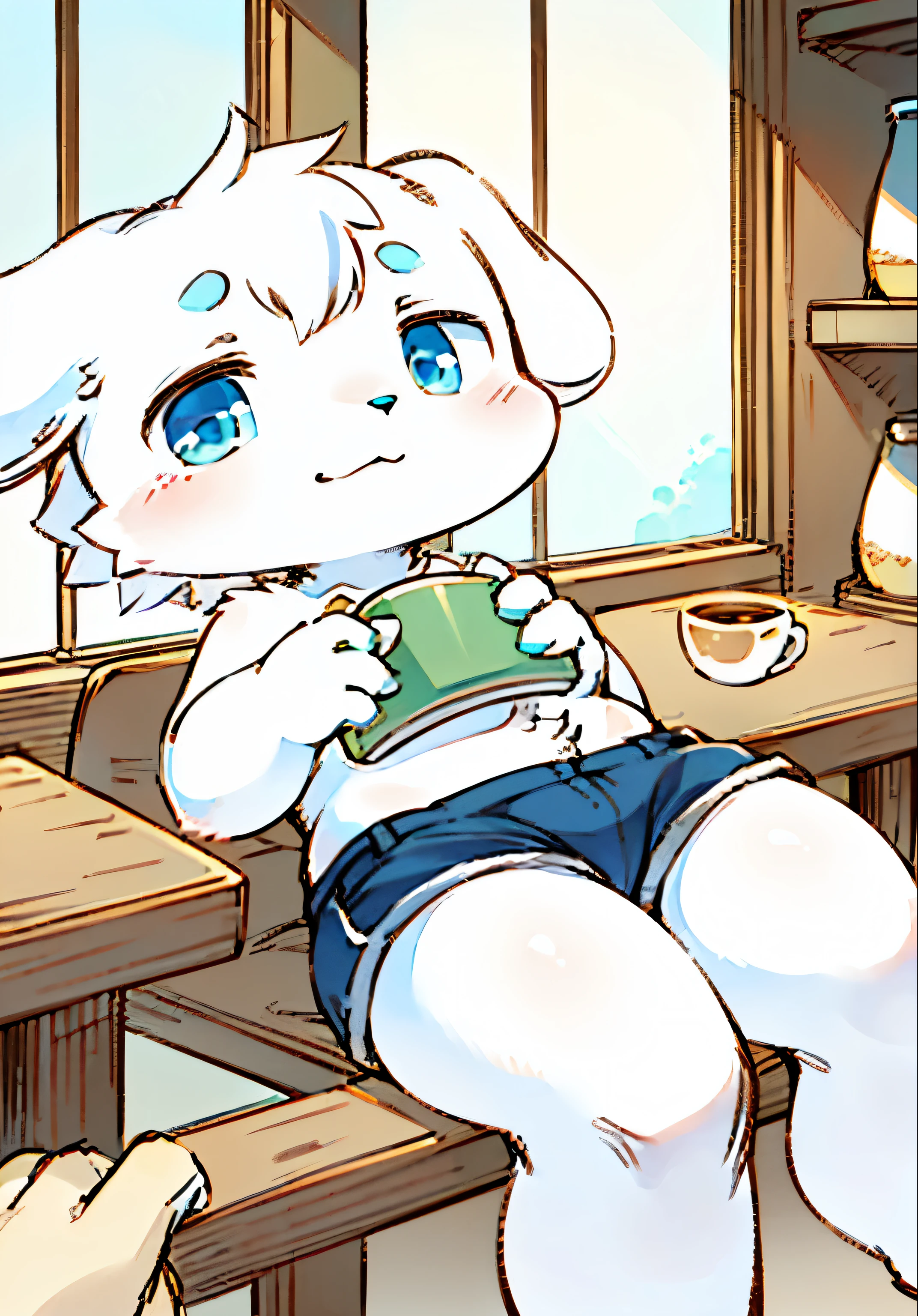 masterpiece,high quality,abstract research,number\(artwork\), Through thick snacks, Yes,Kiyoyama,(Hana Charcoalo,fluffy fur,Character focus:1.1),Hana Charcoalo male cat,short hair,portrait , eyes are very bright, panoramic, Character focus.(Detailed background:0.7), alone, hairy, hairy male, cinnamon hot dogs,cinnamoroll,scheming,male focus, juvenile,Shota,little boy,Hana Charcoal,(全身hairy的, hairy的尾巴, white fur, blue eyes, big ear,white hair,white paws:1.2), (canine,shorts:1.2),(cafes、classical radio、green hoop、noon:1.1)cafes,make coffee,charming,proudly,vitality,naughty