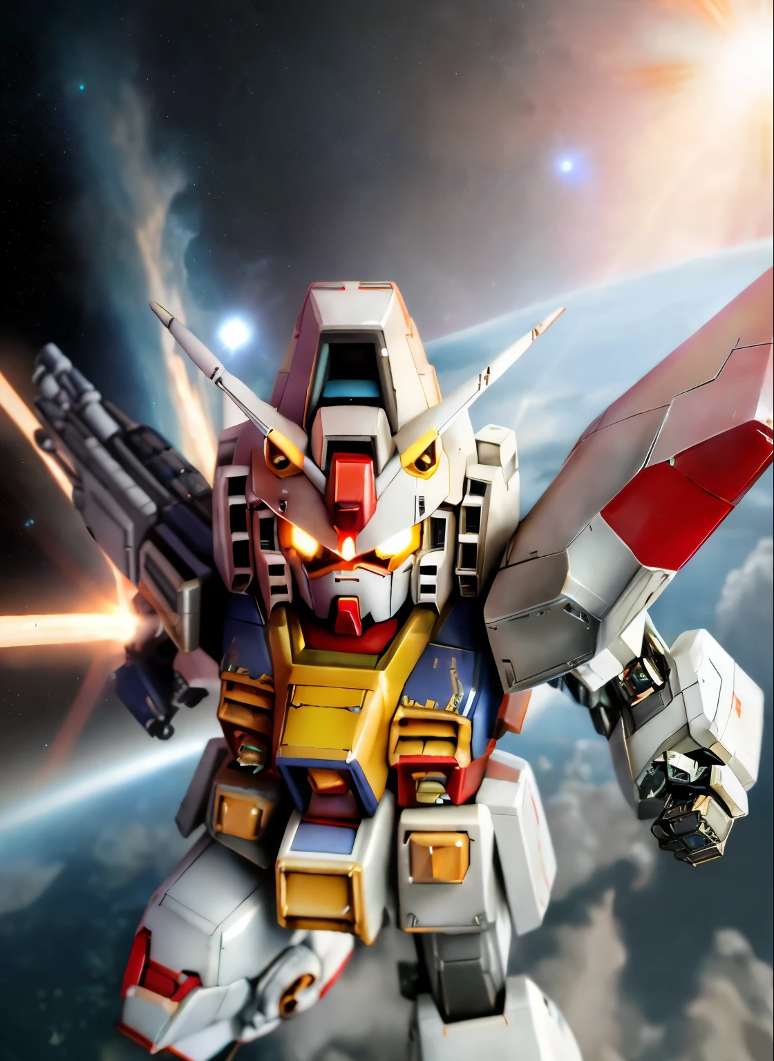 ((SF))、(masterpiece)、highest quality、Highly detailed CG Unity 8k wallpaper、((SD Gundam 1.4))、(F91 キー)、sharp gaze、Confront the enemy with a bazooka and saber、dance in the air、Flying through the sky like a comet、surrounded by fin funnels、chibi character、background earth、realistic outer space、robot、mechanic、docking core、Maximum output、Vesbar、fully armed、rusty edge、shine of light、Lens flare、unreal engine、