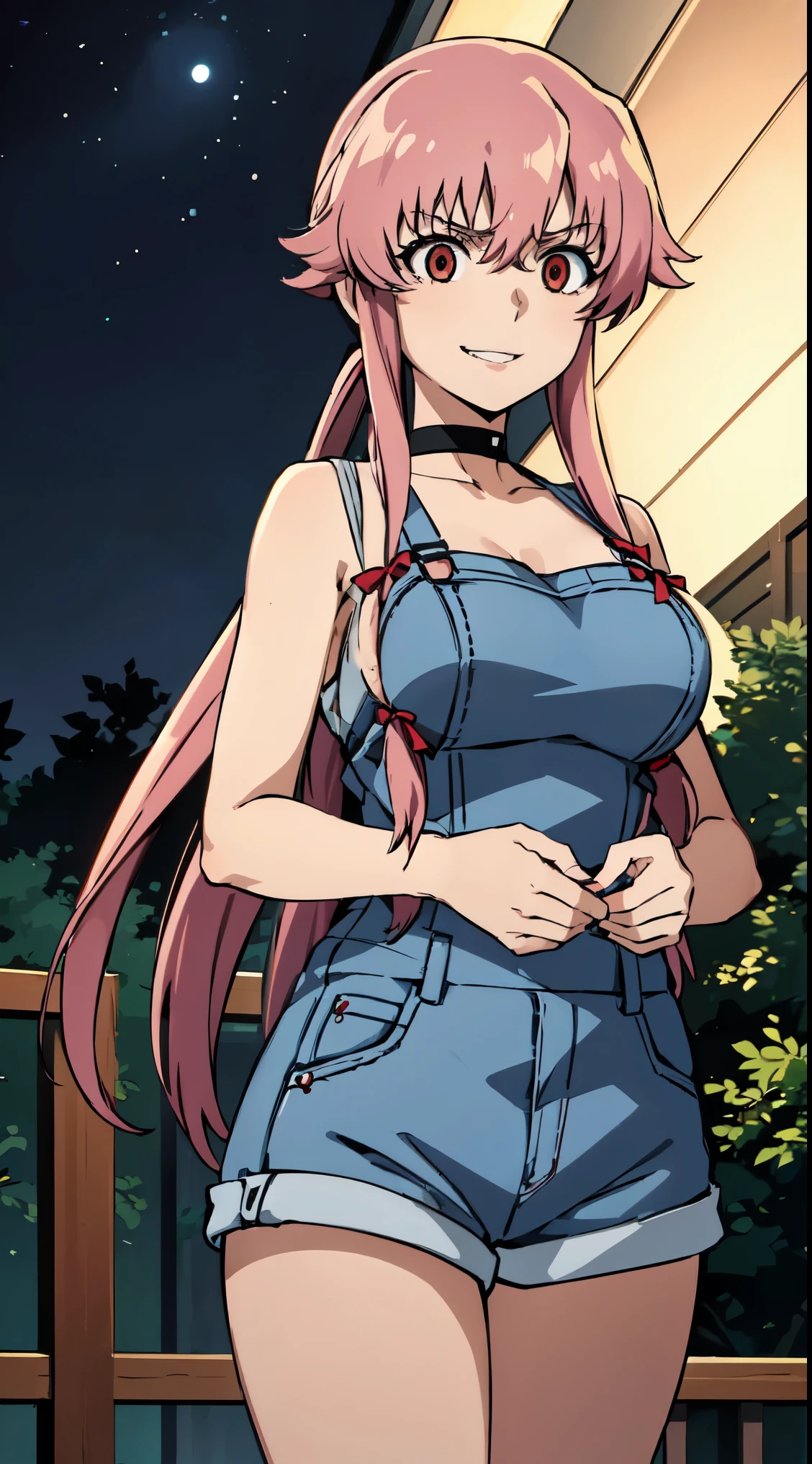 anime_still, masterpiece, best quality, 1girl, Gasai Yuno,pink hair, (large breasts:1.5), twintails, long hair, solo focus, mirai nikki, black choker, dark grey overalls, leather gloves, red eyes, chasing you through the woods, ((nigth:1.5)), crazy, ((crazy eyes)), ((crazy stare)), (fanart of Gasai Yuno), (angry eyes:1.1), (perfect hands:1.4), (masterpiece), best quality, expressive eyes, VHS, ((nigth)), (Parfect Hand:1.3), 4k, 8k, 1980s, from below, (standing over you), (Blood:1.1),Horror, (evil smile:1.4), (evil eyes:1.6), (holding machete:1.5), horror scane,