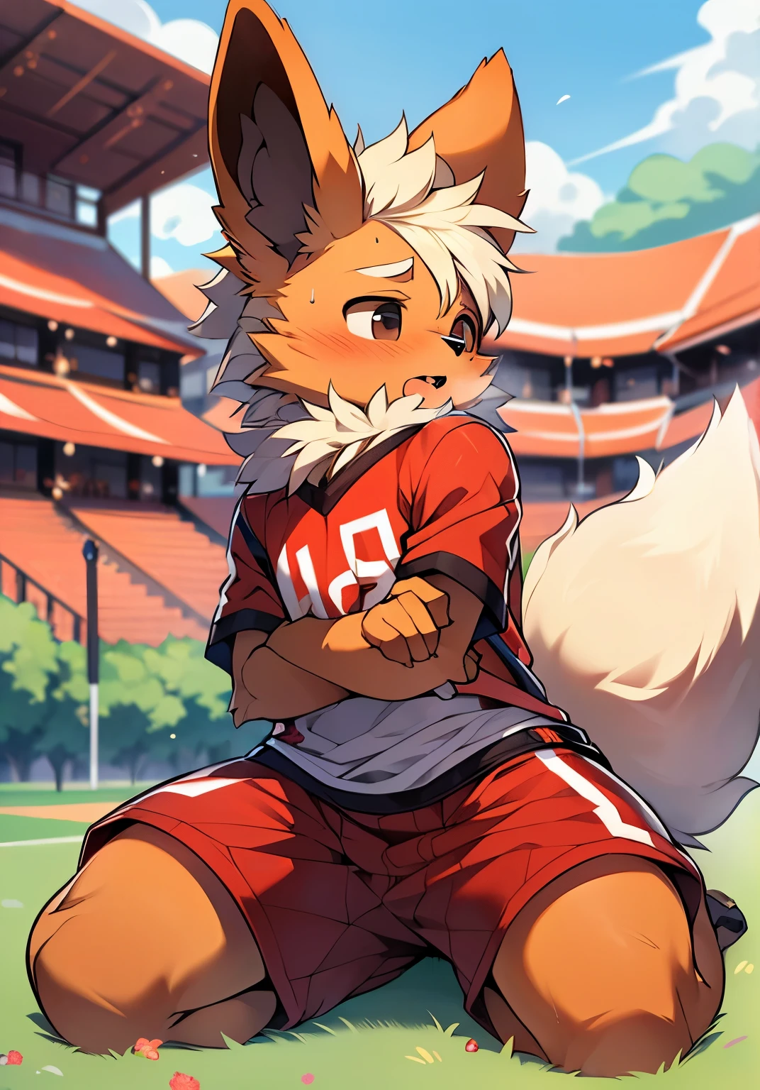 masterpiece，high quality，ridiculous resolution，number\（a work of art\），Dagashi，Kiyoyama,（fluffy fur：1.1），（brightness：0.8）， freon, （black eyes，hairy all over，cat nose：1.2），Eyes have brightness，panoramic，Character focus。Detailed background，（red soccer uniform，sweat，：1.2），male，flareon, flareon male，sit on the floor，put your hands on the ground，Opaque white socks，football field，express enjoyment，Clothes soaked with sweat，very suitable, Protruding crotch, Clothes soaked with sweat，very suitable，Lively，Lovely，masterpiece,high quality,abstract research,number\(artwork\), Yes, (Hana Charcoal,fluffy fur,Character focus:1.1), short hair,portrait , eyes are very bright, panoramic, Character focus.(Detailed background:0.7),Protruding crotch, Clothes soaked with sweat，very suitable，Lively，Lovely，masterpiece,high quality,abstract research,number\(artwork\), Yes, (Hana Charcoal,fluffy fur,Character focus:1.1), short hair,portrait , eyes are very bright, panoramic, Character focus.(Detailed background:0.7),